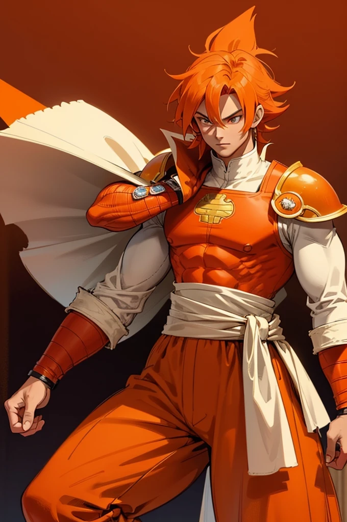 Tanned, young athletic male with long, orange saiyan hair, wearing orange armour plating, wearing red feathers around his waist, also wearing a red cape, in fantasy style,