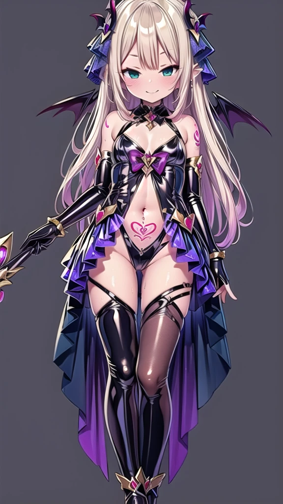 masterpiece, Highest quality, Very detailed, One girl, alone, corruption, Wicked Smile, Genital tattoo, magical girl uniform, Retention Staff,, Black clothes, ,Dark shadowed face,Sadistic smile,Malice,Contempt,smile,latex,Bad face,,,two hands,Two legs,five fingers,evil background,elbow gloves,latex, Wicked Smile, devilish aura (Shiny fabric:1.5),Dark world background,solo,feet,Standing on the rubble,