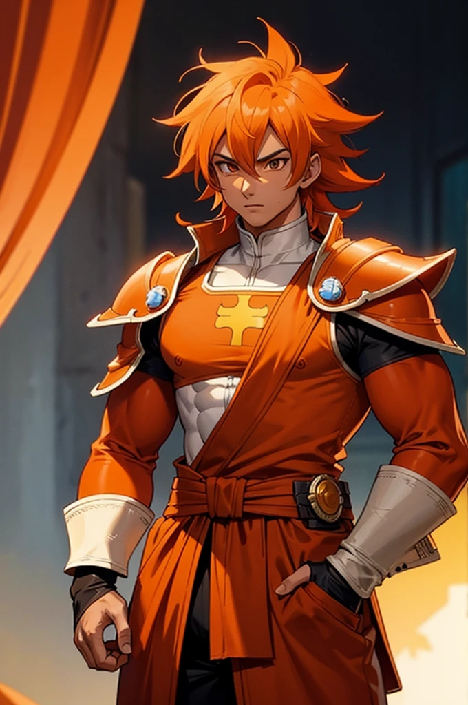 Tanned, young athletic male with long, orange saiyan hair, wearing orange armour plating, wearing red feathers around his waist, also wearing a red cape, in fantasy style,