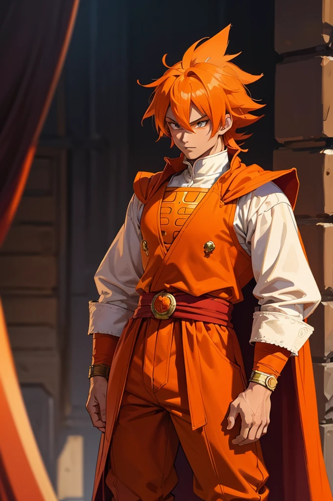 Tanned, young athletic male with long, orange saiyan hair, wearing orange armour plating, wearing red feathers around his waist, also wearing a red cape, in fantasy style,