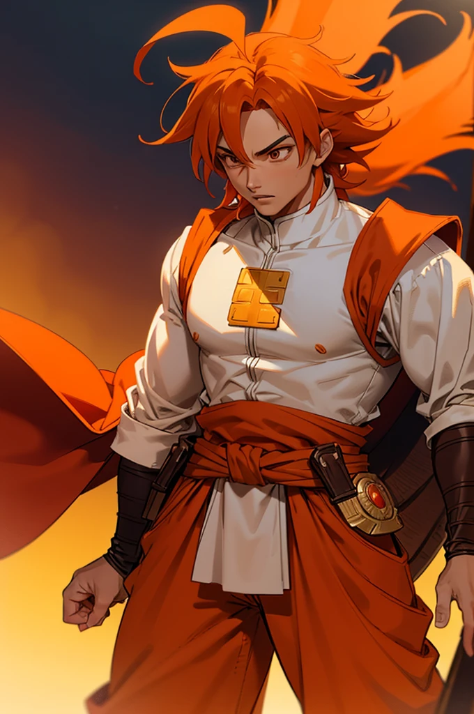 Tanned, young athletic male with long, orange saiyan hair, wearing orange armour plating, wearing red feathers around his waist, also wearing a red cape, in fantasy style,