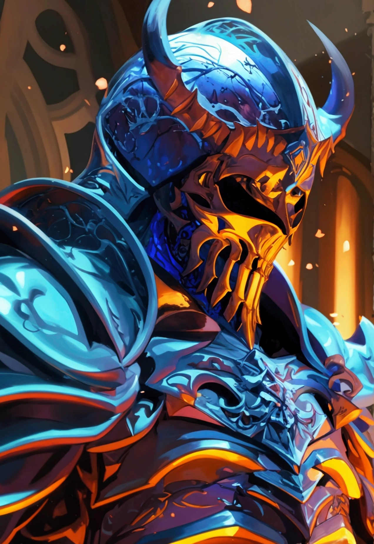 Death Knight, illustrazione di concept art a corpo intero del Death Knight. Il personaggio ha proporzioni corporee perfette, alto, snello e muscoloso. Il personaggio indossa una splendida armatura integrale viola scuro con molti dettagli intricati e abbellimenti di teschi. Lo sfondo è vuoto
