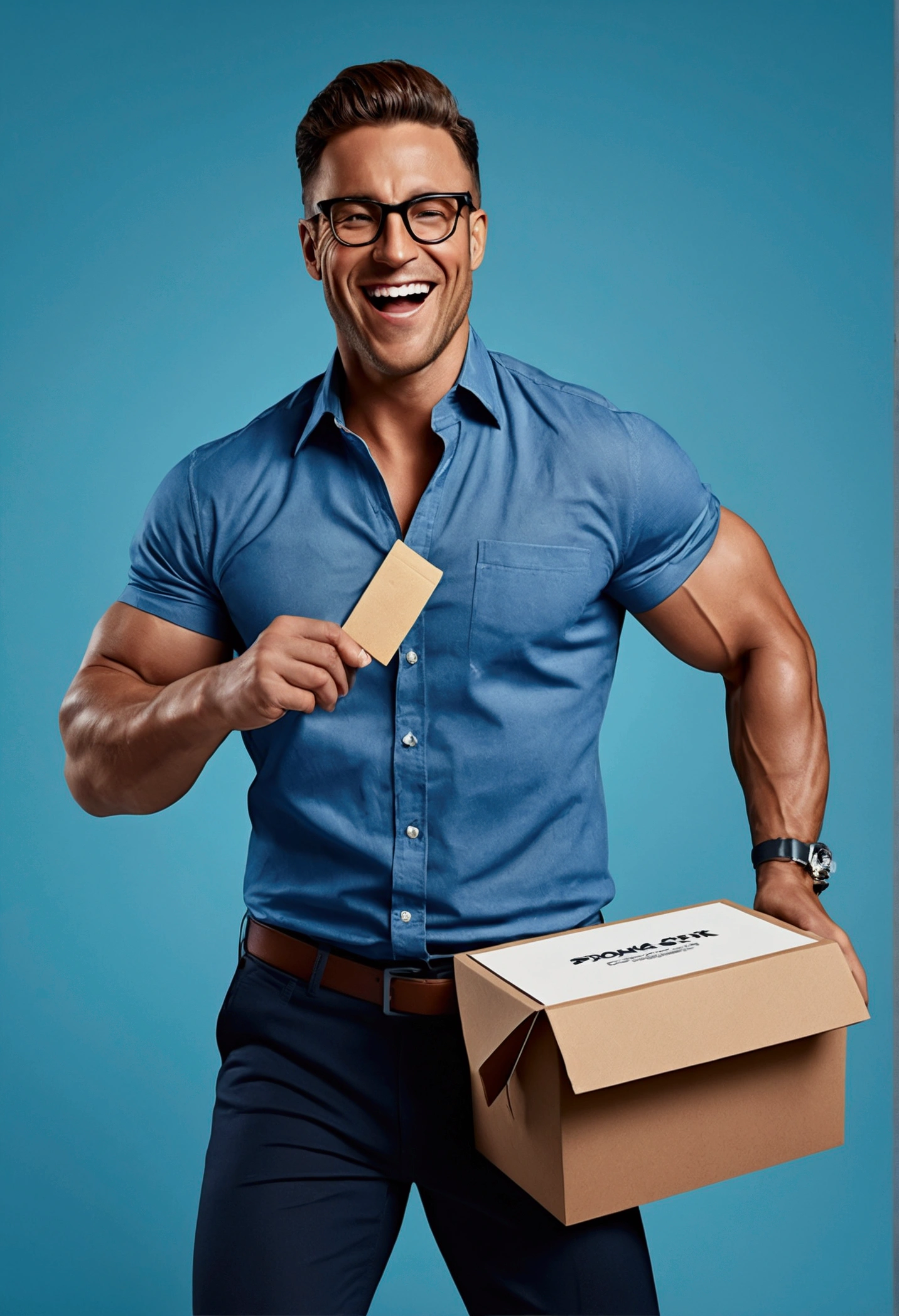 
cardboard box with a paper (best quality, 4K, 8K, high resolution, artwork: 1.2),  Ultra detailed, (realistic, photorealistic, photorealistic: 1.37) (best quality,4K,8K,high resolution,artwork:1.2),Ultra-detailed,(realistic ,photorealistic,photo-realistic:1.37),(best quality, 4K, 8K, high resolution, artwork: 1.2), Ultra detailed, (realistic, photorealistic, photorealistic: 1.37) The stone starts to move slowly. A box with a letter with a job opportunity,The Opportunity He smiles He smiles Celebrating with friends at the office the promotion he received, everyone was happy with glasses of champagne Image: holding a business card or formal letter. Action: He smiles when reading the content, which suggests a job opportunity. Man, wearing shirt, muscular carrying a business bag, stylish, Persuasive, illustration, energetic, expressive, confident, tropical, work, physically fit, athletic, t- jeans shirt, business bag, muscular, arnaldo style, determined, dynamic pose, blue color palette, vibrant lighting crouched, trying to move the stone. He pushes, his face shows the effort. The stone begins to move slowly. Crouching, trying to move 