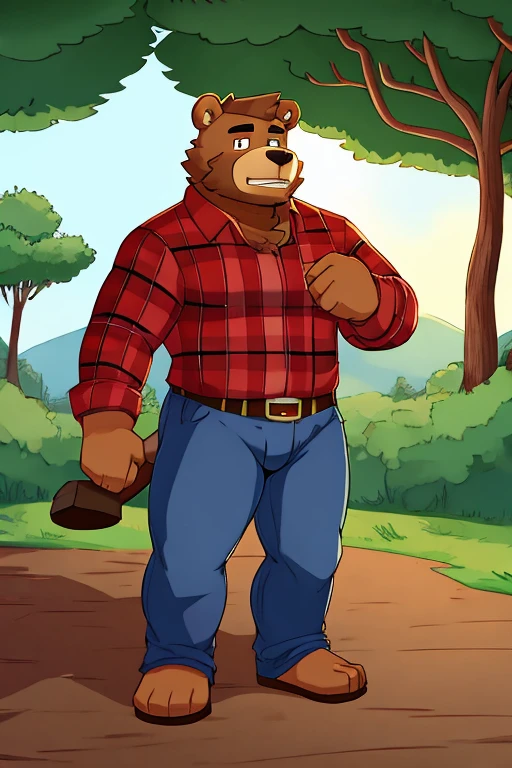 bear man, red plaid long sleeve shirt, Jeans, woodcutter, gordo
