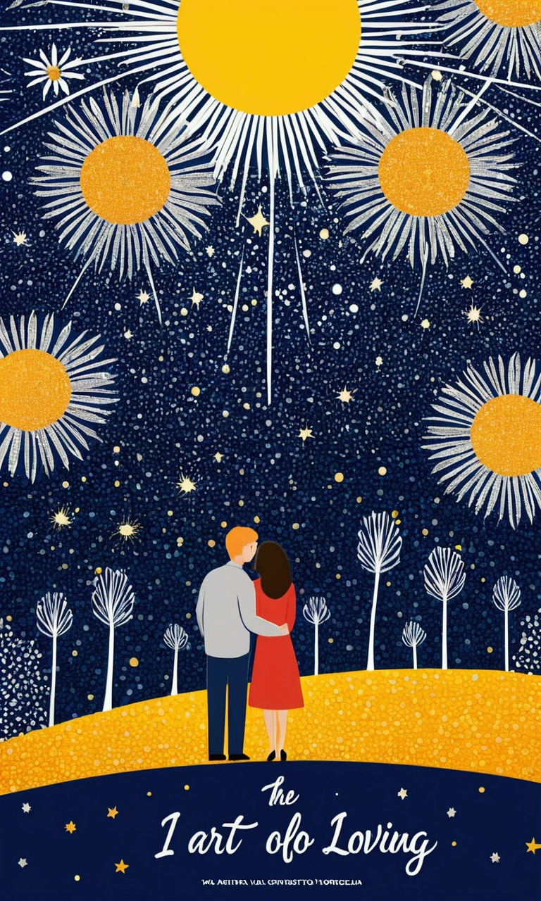 Create a cover with the title “The art of loving” put the word in Spanish with bright silver sparkles, the background has to be navy blue High resolution, abstract, decoration art, American propaganda poster, create eye-catching visual art, small suns vang gogh art Framed, Rounded corners, abstract, minimalism, decoration art, illustration, movie, Video morphism, Naive art, Art, pop art, romance, 
Add the phrase “I want to have you and show off to the world that I have my favorite work of art in you.”