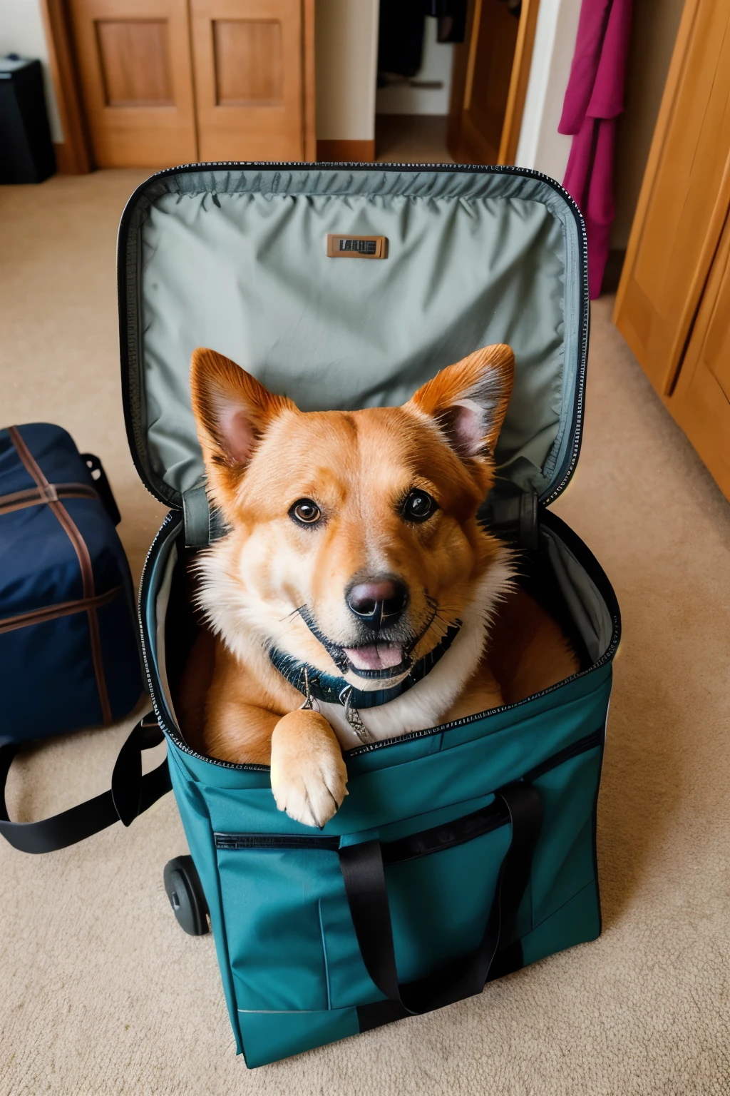 a room in which there is a travel bag open on the floor and there is a dog inside it looking at the camera , realistic photo taken from iphone camera, realistic dog details