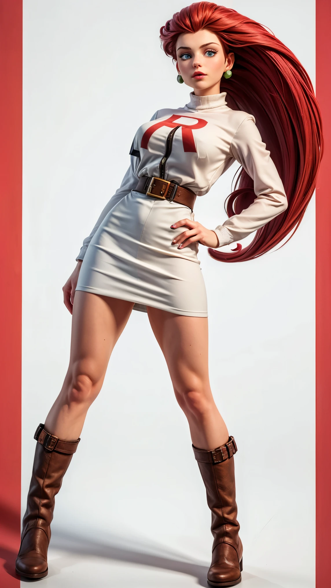 ultra HD, work of art, precise, anatomically correcte, super detaill, High details, high qualiy, best qualityer, 8k, high resolution. Jessie looks beautiful in a full body photo. Blue eyes and long red hair combed back make her a goddess of beauty. Jessie wears a long-sleeved blouse that fits her body, with a big "R" red printed in the center, symbolizing Team Rocket. This detail is essential for team identification and stands out against the white background., the bottom of the outfit consists of a short skirt, also white, that complements the top. This combination creates a look that is both practical for your adventures and stylish., Jessie completes her outfit with long boots, usually black, That go down to your knees. These boots are not only functional for your activities, but they also add a touch of sophistication to your look. She is very sexy, drawing attention to her large breasts and muscular body.