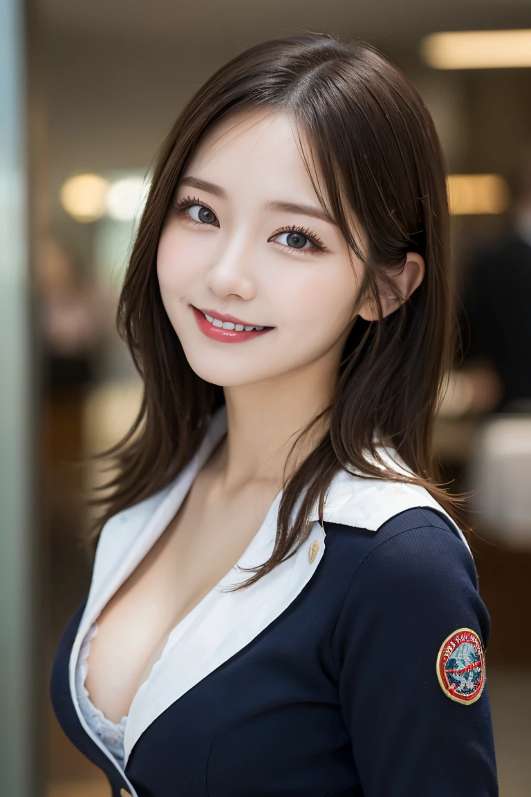 Airplane stewardess uniform, Highest quality, shape, Very detailed, In detail, High resolution, 8k wallpaper, Perfect dynamic composition, Beautiful details, Natural Lip, Stewardess Costume, Big Breasts, Cleavage, She is smiling in a cute pose.., A masterpiece of the whole body, Side Short