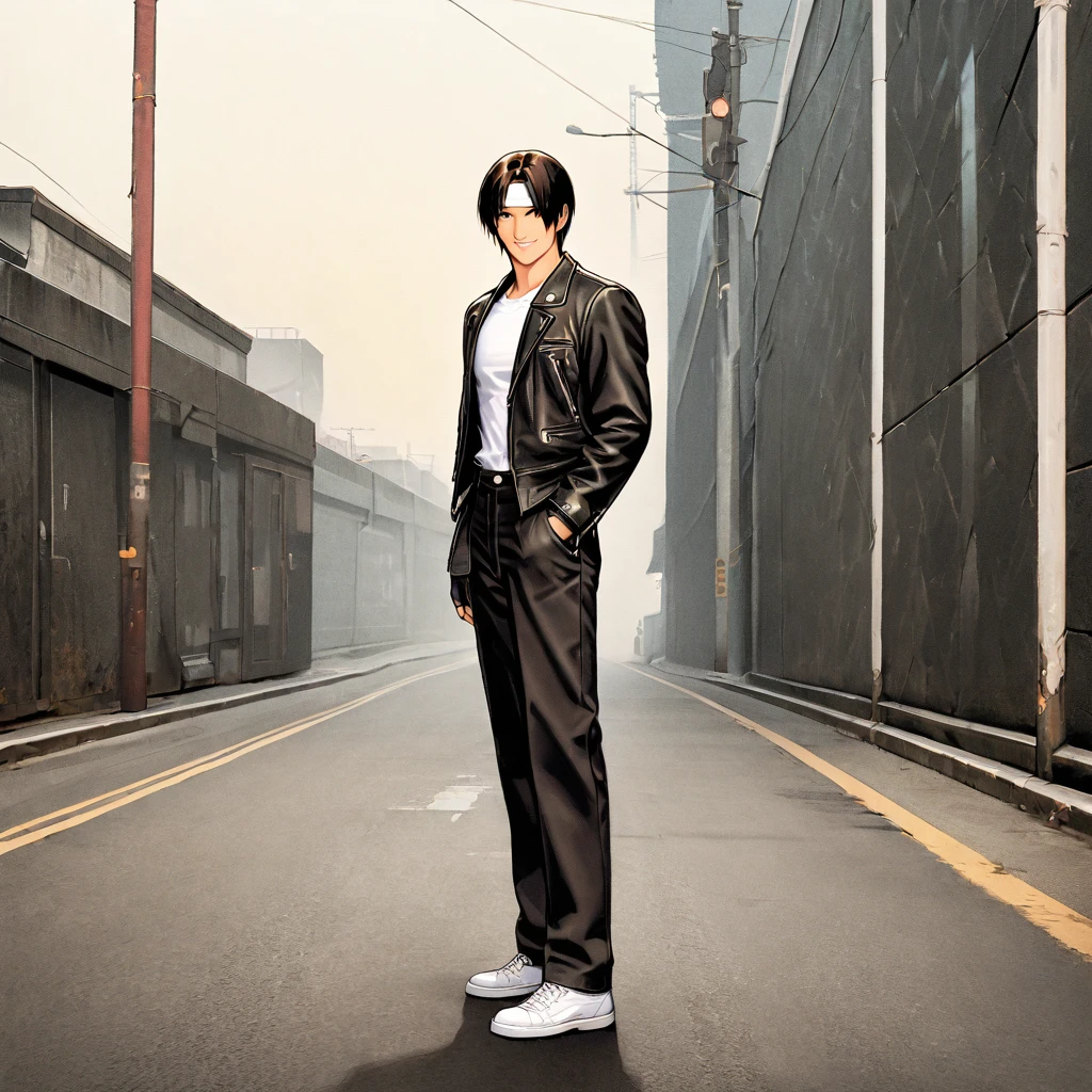 Orochikyo, 1 person, alone, Black jacket, Fingerless gloves, White T-shirt, White headband, Black trousers, White shoes, whole body, good looking, charm, masterpiece, High resolution, Detailed face,fine grain, smile, on the road