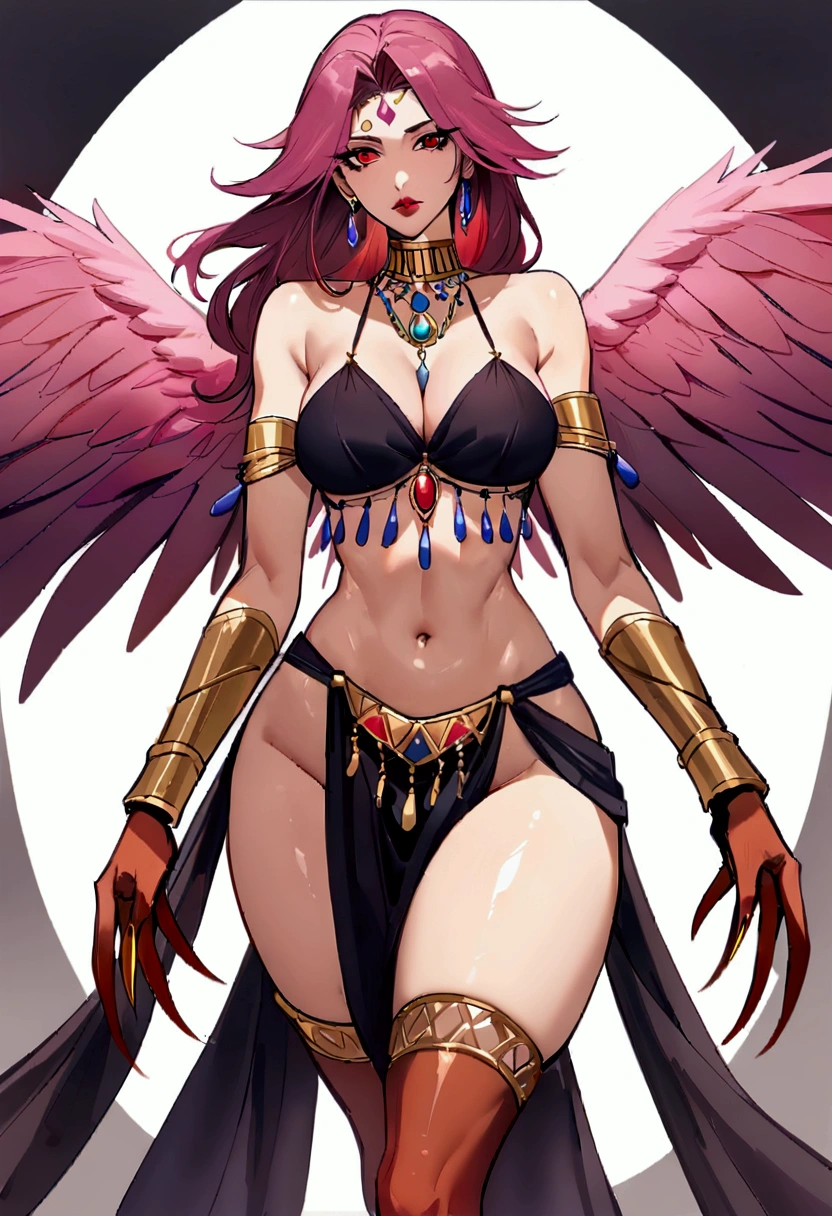 ((best qualityer)), ((work of art)), (detailded), (work of art, best qualityer:1.2), 1 girl, standing alone, harpy, harpy woman, beautfull woman, mature woman, stunning woman, face perfect, seducer, confident, sexly, 20 years old, russet hair, pink hair, reddish purple hair, Wavy hair, long hair, very long hair, pink feathers on the forehead, arched eyebrows, blue iris, red sclera, make up, ombre, long eyelashes, perfect nose, fleshy lips, sharped teeth, lipstick, Lip gloss, beauty mark under eyes, beauty mark on forehead, beauty mark on chin, beauty mark on neck, beauty mark on chest, Breasts huge, Waist slender, FIT STOMACH, smooth belly, toned stomach, midtiff, へそ, winged arms, feathered arms, harpy arms, dark red winged arms, hands, manicure, Broad Hips, Broad Hips, hourglass figure, thick-thighs, bird legs, pink bird legs, harpy legs, bird's feet, grey bird's feet, claws, grey claws, Dancer's Outfit, belly Dancer's Outfit, jewerly, gypsy person