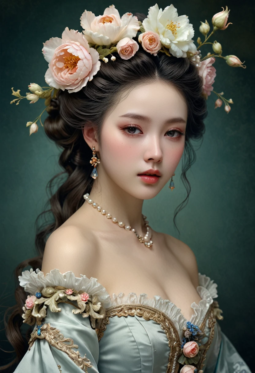 a woman with a flower in her hair, beautiful fantasy portrait, beautiful fantasy art portrait, rococo style portrait, detailed dress and face, gorgeous digital painting, a beautiful victorian woman, beautiful portrait oil painting, realistic cute girl painting, stunning cgsociety, jingna zhang, very beautiful digital art, miniature porcelain portrait, rococo queen, beautiful pale makeup