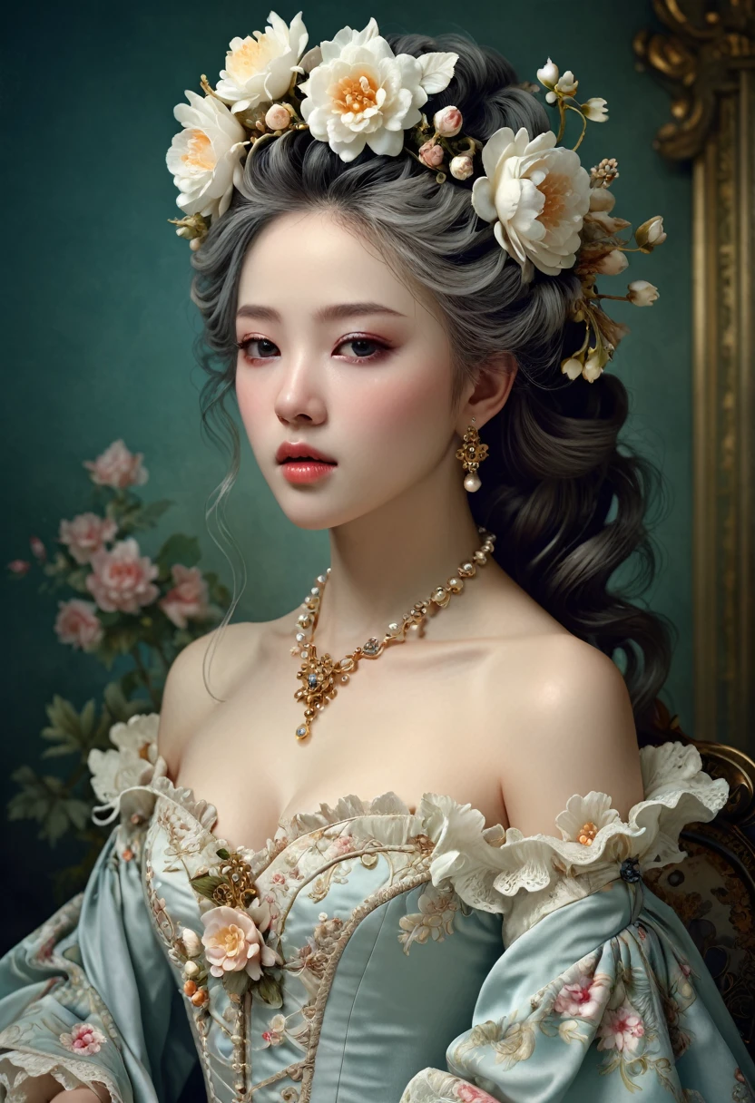 a woman with a flower in her hair, beautiful fantasy portrait, beautiful fantasy art portrait, rococo style portrait, detailed dress and face, gorgeous digital painting, a beautiful victorian woman, beautiful portrait oil painting, realistic cute girl painting, stunning cgsociety, jingna zhang, very beautiful digital art, miniature porcelain portrait, rococo queen, beautiful pale makeup