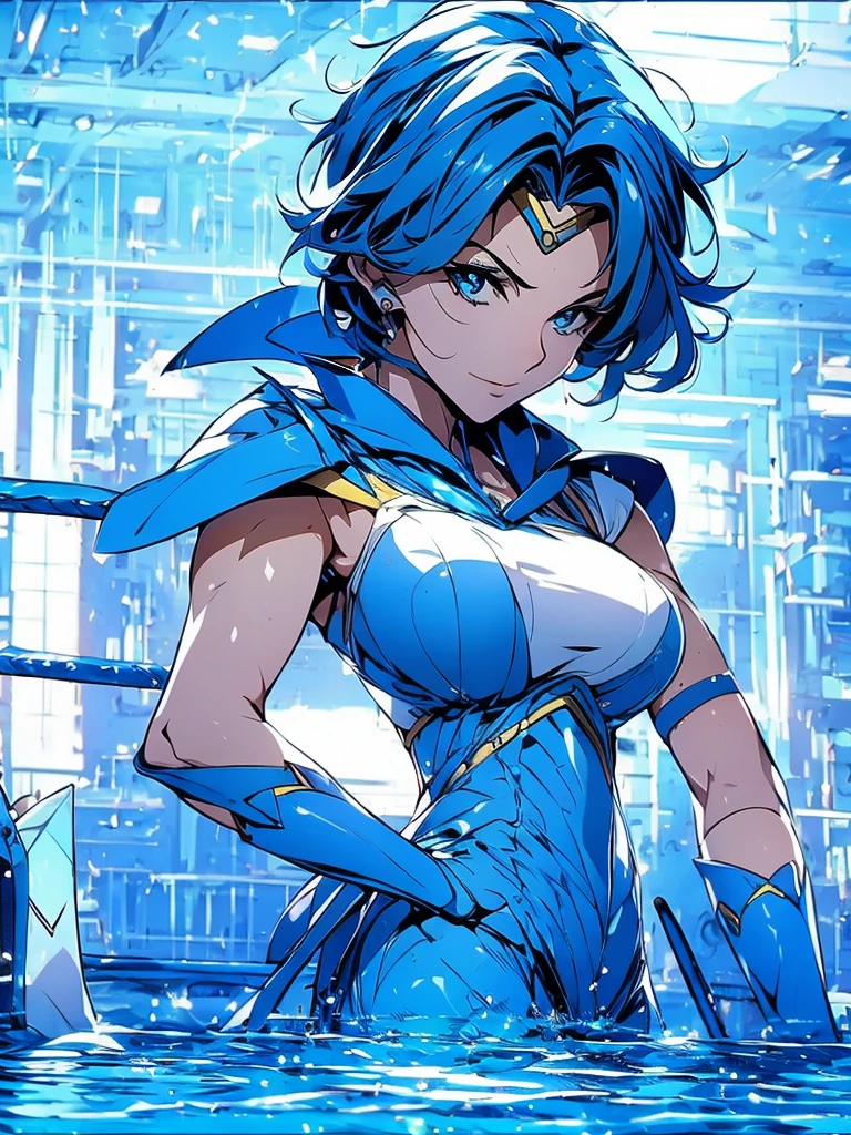 Sailor mercury in full police suit,long blue hair,Blue Power Ranger, hurricane ,Sexy goth woman big breast, character sheet,inside a pool,High Resolution, Large breasts, cyber samurai,ice swords

