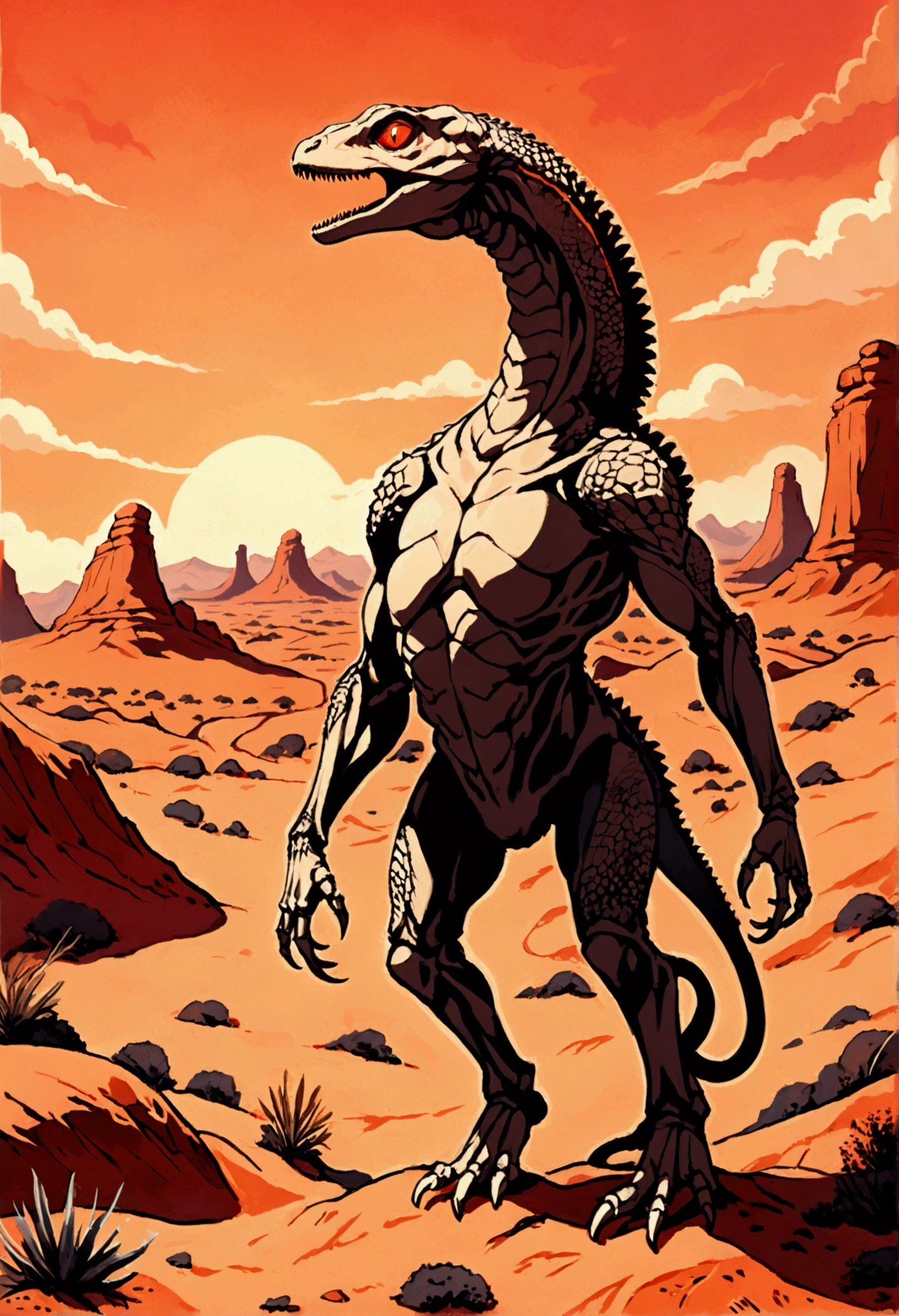 ( best quality ) a large reptilian creatures with only two long forelimbs and no hindlimbs, as well as long, prehensile, serpentine tails. They have long and slender, yet muscular, sturdy bodies. Several aspects of their appearance are noticeably skeletal, particularly their torsos and their heads. seen in profile on a landscape who's like a desert with a red/orange sky, crawling in the ground ( detailed ) 
