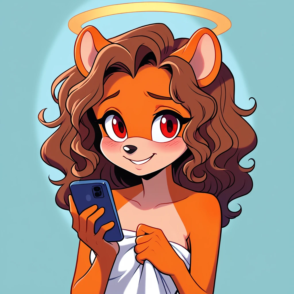 score_9, score_8_up, mobian, hedgehog, two-tone fur ((orange fur, brown fur)), wrapped in towel, medium breasts, two-tone hair (brown hair, black tip)), curly hair, halo, red eyes, longeyelashes, red eyes, smile, shy, blush, holding phone