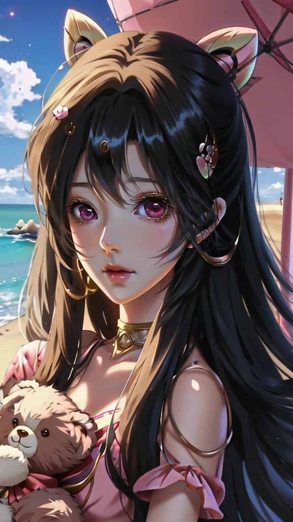 there is a woman holding a teddy bear on the beach, kawaii realistic portrait, cute anime girl, anime visual of a cute girl, smooth anime cg art, artwork in the style of guweiz, portrait of cute anime girl, cute portrait, beautiful anime portrait, beautiful anime girl, cute anime girl portrait, realistic anime 3 d style