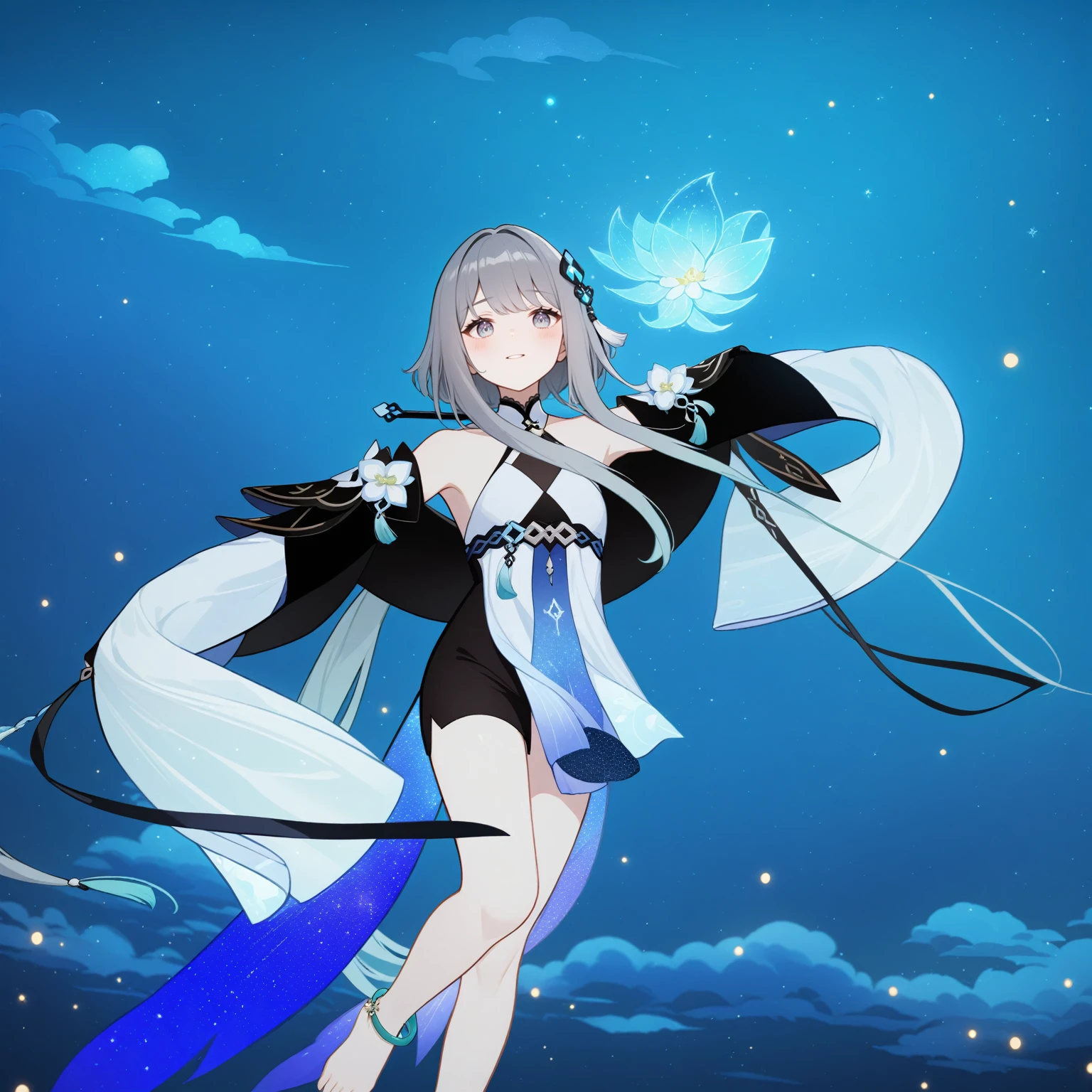 1girl, guizhong_\(genshin_impact\),grey hair with mint gradient,short_hair_with_long_locks in front and low ponytail in back,pale grey eyes with mint gradient,starry_sky_print,detached_sleeves, hands completely hidden by long sleeves,stunning field of softly glowing cerulean and white glaze lilies,night scene,gentle smile,face focus, eye focus,moonlight,glossy lips,vivid anime coloring,cel shading,smooth, soft dreamy focus,anklet,halter_top,white clothes,highly detailed,digital painting,bare_shoulders,barefoot,cool night tones, magical night scene,bokeh, professional,fireflies,Guardian nebula of rainbow and silvery vapor,harmonious blend of nature and art,transcendent beauty,awe-inspiring artwork,(best quality,4k,8k,highres,masterpiece:1.2)