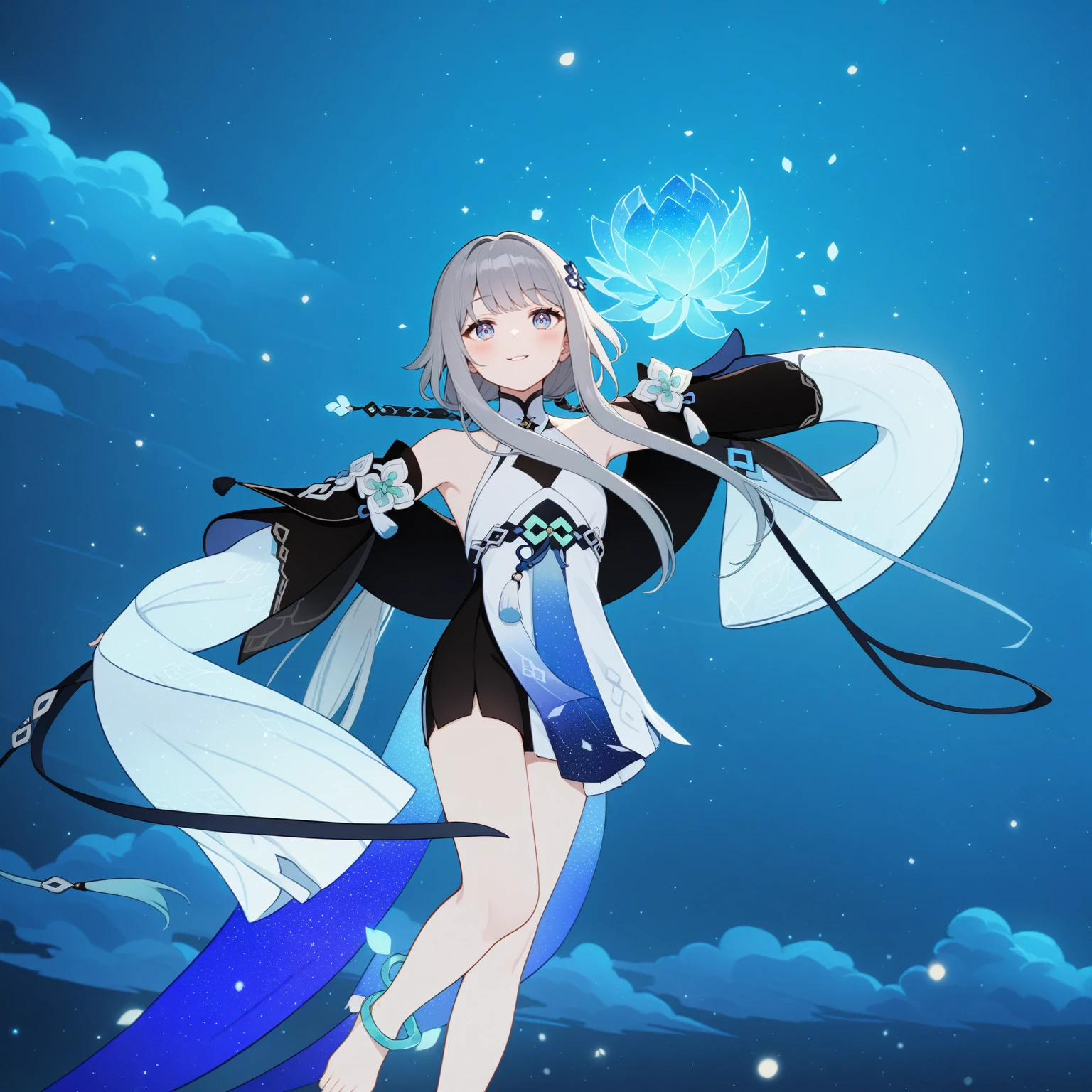 1girl, guizhong_\(genshin_impact\),grey hair with mint gradient,short_hair_with_long_locks in front and low ponytail in back,pale grey eyes with mint gradient,starry_sky_print,detached_sleeves, hands completely hidden by long sleeves,stunning field of softly glowing cerulean and white glaze lilies,night scene,gentle smile,face focus, eye focus,moonlight,glossy lips,vivid anime coloring,cel shading,smooth, soft dreamy focus,anklet,halter_top,white clothes,highly detailed,digital painting,bare_shoulders,barefoot,cool night tones, magical night scene,bokeh, professional,fireflies,Guardian nebula of rainbow and silvery vapor,harmonious blend of nature and art,transcendent beauty,awe-inspiring artwork,(best quality,4k,8k,highres,masterpiece:1.2)