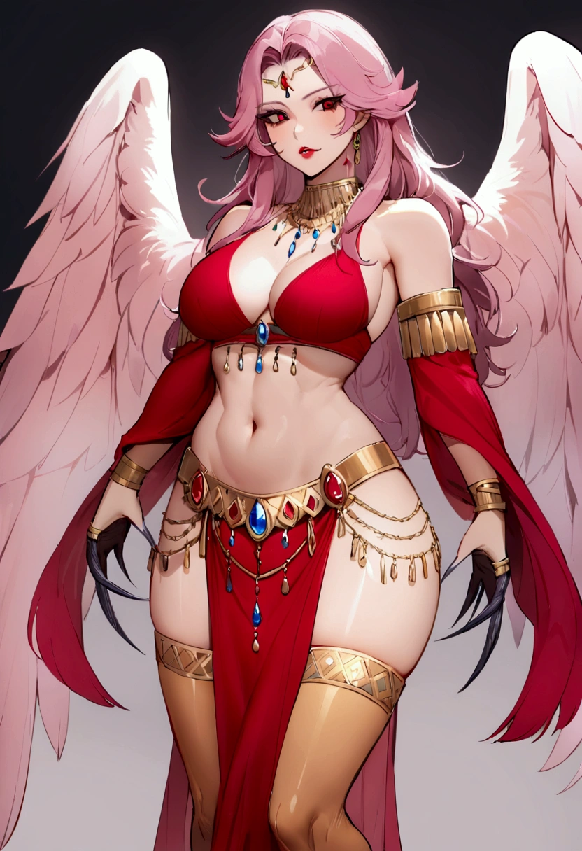 ((best qualityer)), ((work of art)), (detailded), (work of art, best qualityer:1.2), 1 girl, standing alone, harpy, harpy woman, beautfull woman, mature woman, stunning woman, face perfect, seducer, confident, sexly, 20 years old, russet hair, pink hair, reddish purple hair, Wavy hair, long hair, very long hair, pink feathers on the forehead, arched eyebrows, blue iris, red sclera, make up, ombre, long eyelashes, perfect nose, fleshy lips, sharped teeth, lipstick, Lip gloss, beauty mark under eyes, beauty mark on forehead, beauty mark on chin, beauty mark on neck, beauty mark on chest, Breasts huge, Waist slender, FIT STOMACH, smooth belly, toned stomach, midtiff, へそ, winged arms, feathered arms, harpy arms, dark red winged arms, hands, manicure, Broad Hips, Broad Hips, hourglass figure, thick-thighs, bird legs, pink bird legs, harpy legs, bird's feet, grey bird's feet, claws, grey claws, Dancer's Outfit, belly Dancer's Outfit, jewerly, gypsy person