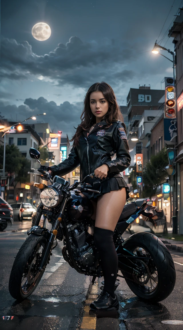 17-year-old Waifu  posando na frente de uma motocicleta futurista, the motorcycle has skulls and blue flames highly detailed 3D graphics, night scenery with full moon in the background, she is wearing a  Uniform with 3D skulls and flames and Sailor Miniskirt, Pantyhose , HDR, epic realism, high-octane rendering, obra de arte,