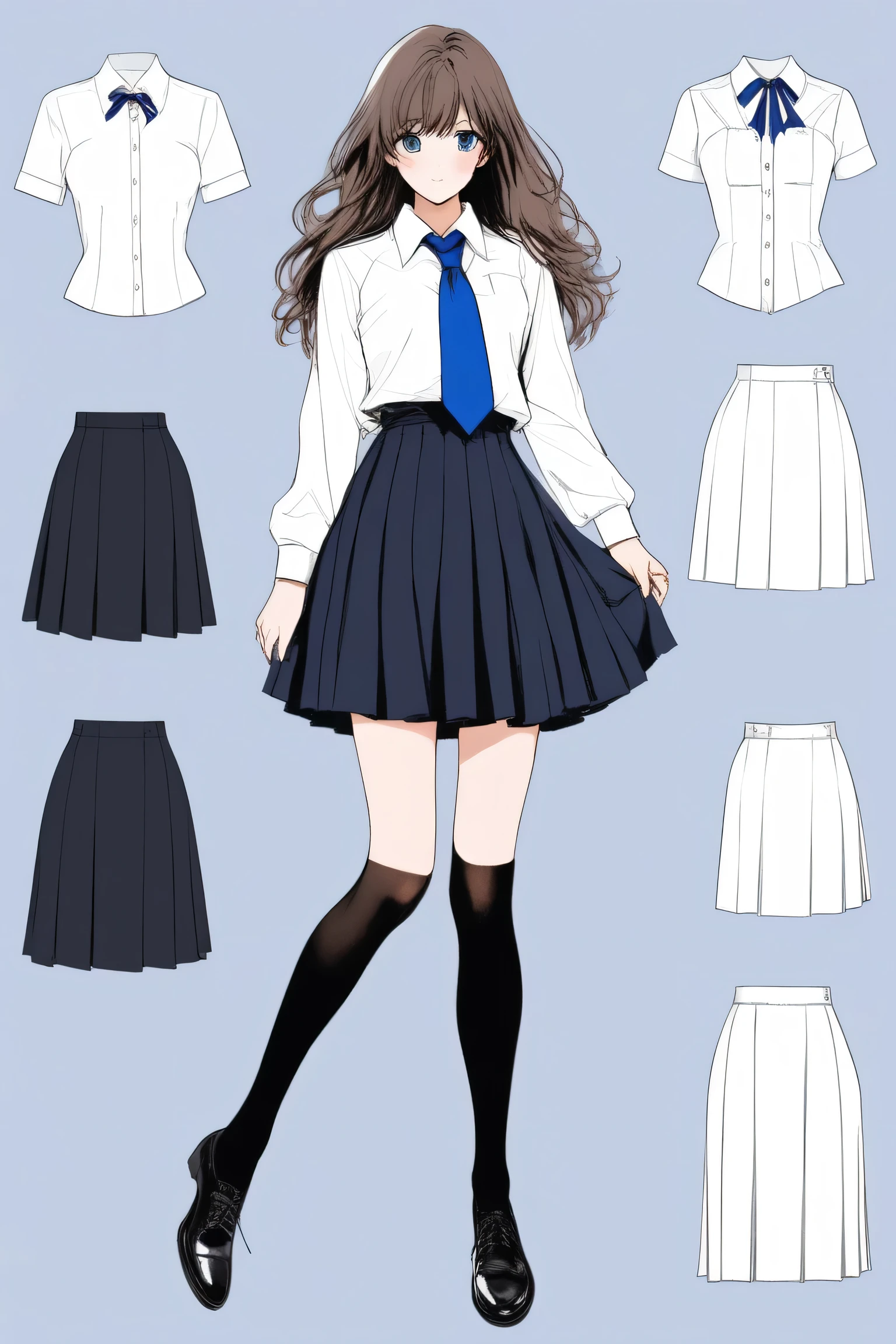 (Best quality, sketch:1.2),realistic,illustrator,anime,1 girl, details, [full length female mannequin], (photographic portrait), White shirt with blue tie, black skirt, sun skirt, fluffy skirt, knee length skirt, (black, nylon stockings), Low-heeled shoes, school shoes, black туфли, high-waisted skirt, skirt with corset, (good anatomy of the body, Ideal body anatomy), (detailed clothing), (decorations), decorations на одежде, decorations в виде цветов, decorations с гвоздиками