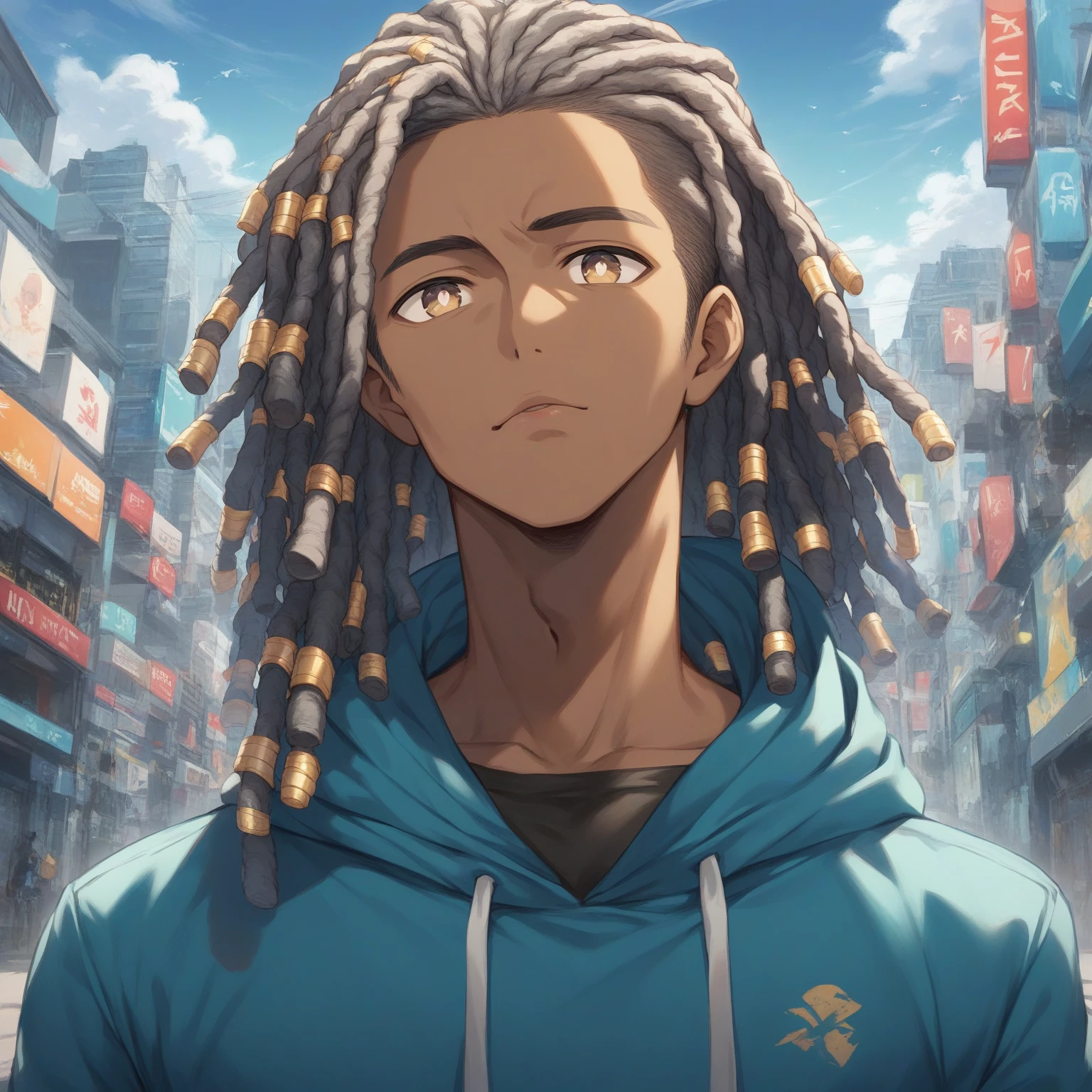 (masterpiece:1.2), (best quality), (ultra detailed), (8k, 4k, intricate),(half-body-shot:1), (highly detailed:1.2),(detailed background:1.2),((dark skin, handsome face,lips)) (black:0.5,cyan:0.5) An close up of a young dark skin male with dreadlocks in a city, he wearing a blue shirt and white fur-collared hoodie, tan pupils, male anime style, in an anime style, anime handsome man, modern city background, natural sky