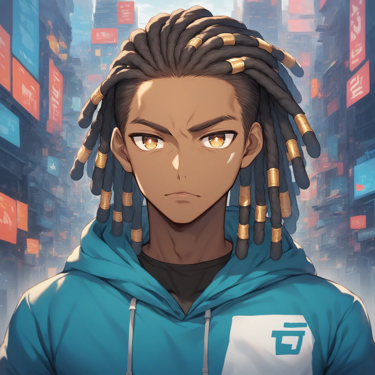 (masterpiece:1.2), (best quality), (ultra detailed), (8k, 4k, intricate),(half-body-shot:1), (highly detailed:1.2),(detailed background:1.2),((dark skin, handsome face,lips)) (black:0.5,cyan:0.5) An close up of a young dark skin male with dreadlocks in a city, he wearing a blue shirt and white fur-collared hoodie, tan pupils, male anime style, in an anime style, anime handsome man, modern city background, natural sky