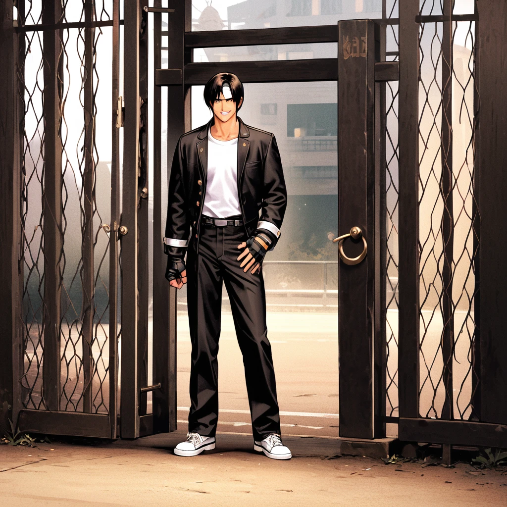 Orochikyo, 1 person, alone, Black jacket, Fingerless gloves, White T-shirt, White headband, Black trousers, White shoes, whole body, good looking, charm, masterpiece, High resolution, Detailed face,fine grain, Grin, In front of the school gate