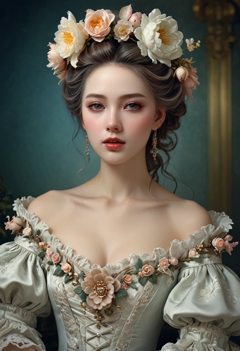 a (((german)))woman with a flower in her hair, beautiful fantasy portrait, beautiful fantasy art portrait, rococo style portrait, detailed dress and face, gorgeous digital painting, a beautiful victorian woman, beautiful portrait oil painting, realistic cute girl painting, stunning cgsociety, jingna zhang, very beautiful digital art, miniature porcelain portrait, rococo queen, beautiful pale makeup