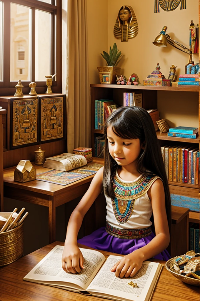Create an who is sitting at the desk in her room decorated with several Egyptian pieces and reading a book.