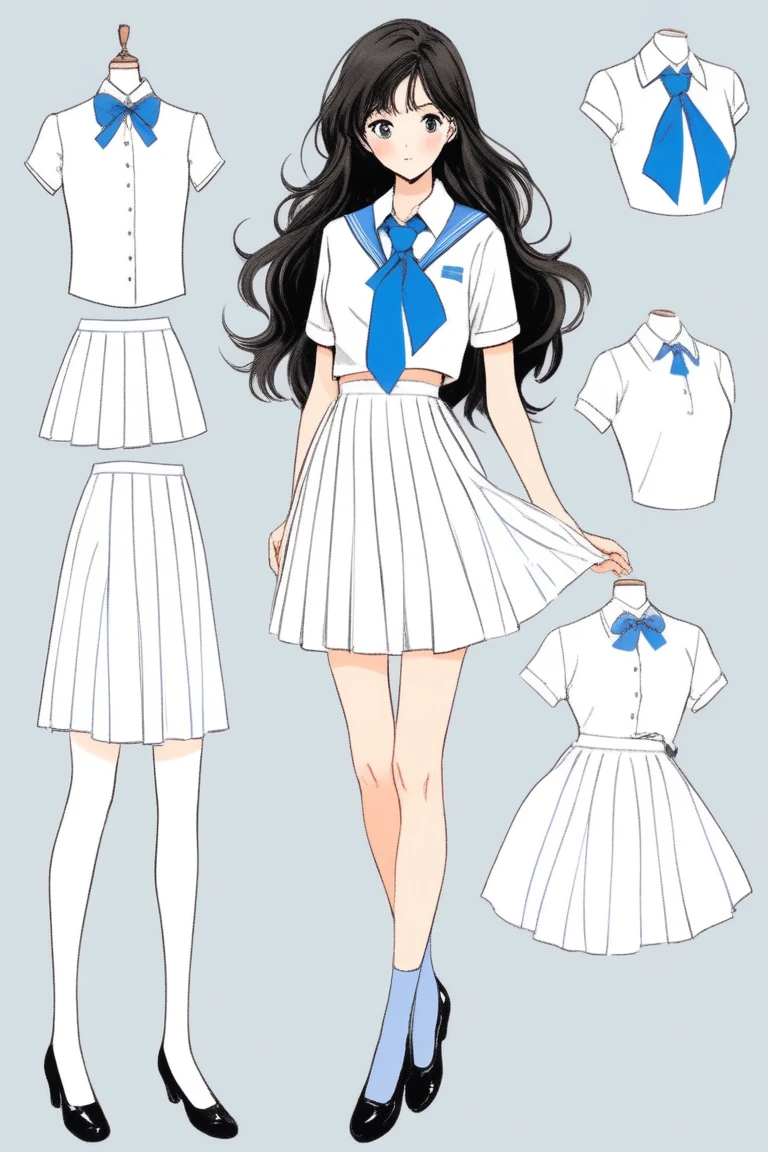 (Best quality, sketch:1.2),realistic,illustrator,anime,1 girl, details, [full length female mannequin], (photographic portrait), White shirt with blue tie, black skirt, sun skirt, fluffy skirt, knee length skirt, (black, nylon stockings), Low-heeled shoes, school shoes, black туфли, high-waisted skirt, skirt with corset, (good anatomy of the body, Ideal body anatomy), (detailed clothing), (decorations), decorations на одежде, decorations в виде цветов, decorations с гвоздиками