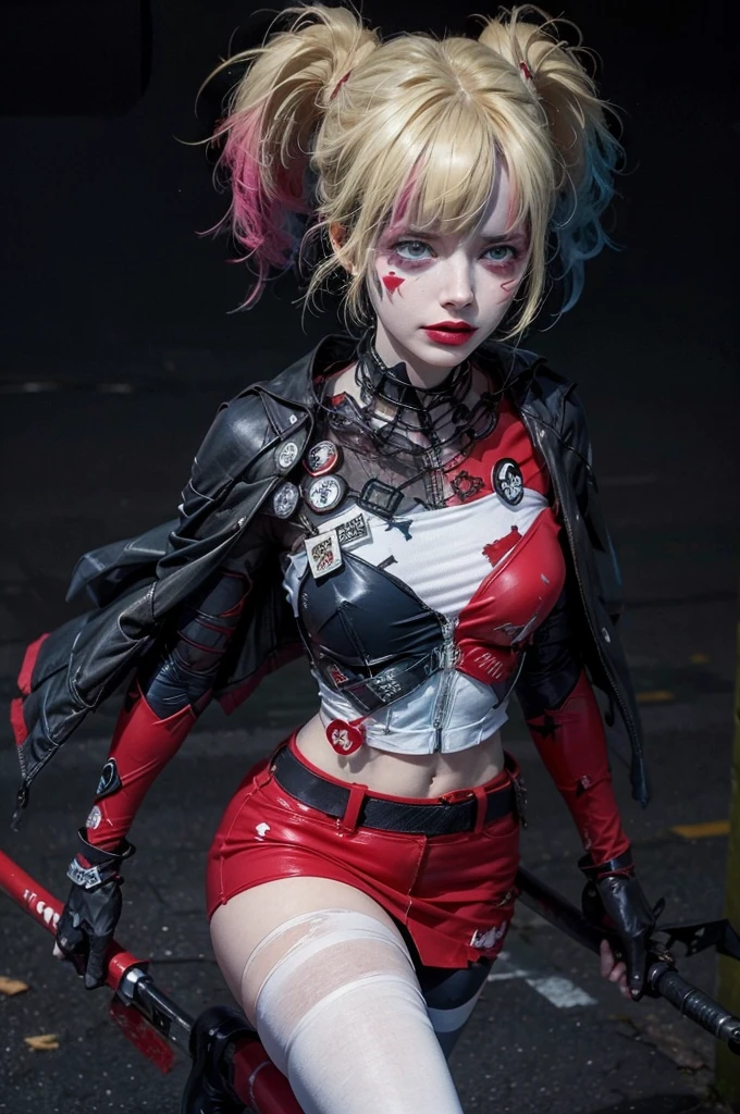 Batleen embodies the legacy of Batman and the redemption of Harley Quinn. In this anime-style design, she wears a combat suit that is predominantly black with dark blue accents and touches of red on the boots and gloves, combining elegance and functionality. Her short cape is aerodynamic, allowing for freedom of movement, and the Batman symbol on her chest is stylised with light blue details. The mask covers the upper half of her face, featuring a softer, more feminine design adorned with subtle details that reflect her unique identity. Batleen's hair is blonde with tips dyed blue and red, either tied up in a high ponytail or left loose depending on the situation. Her expressive eyes, accentuated with bold eyeliner, reveal her determination and internal conflict. She carries personalised batarangs with a diamond design, a collapsible hammer, and advanced technological gadgets. Her athletic and agile physique showcases her prowess in combat and acrobatics, while her confident stance as Batleen contrasts with her more relaxed and approachable demeanour as Harleen Quinzel.