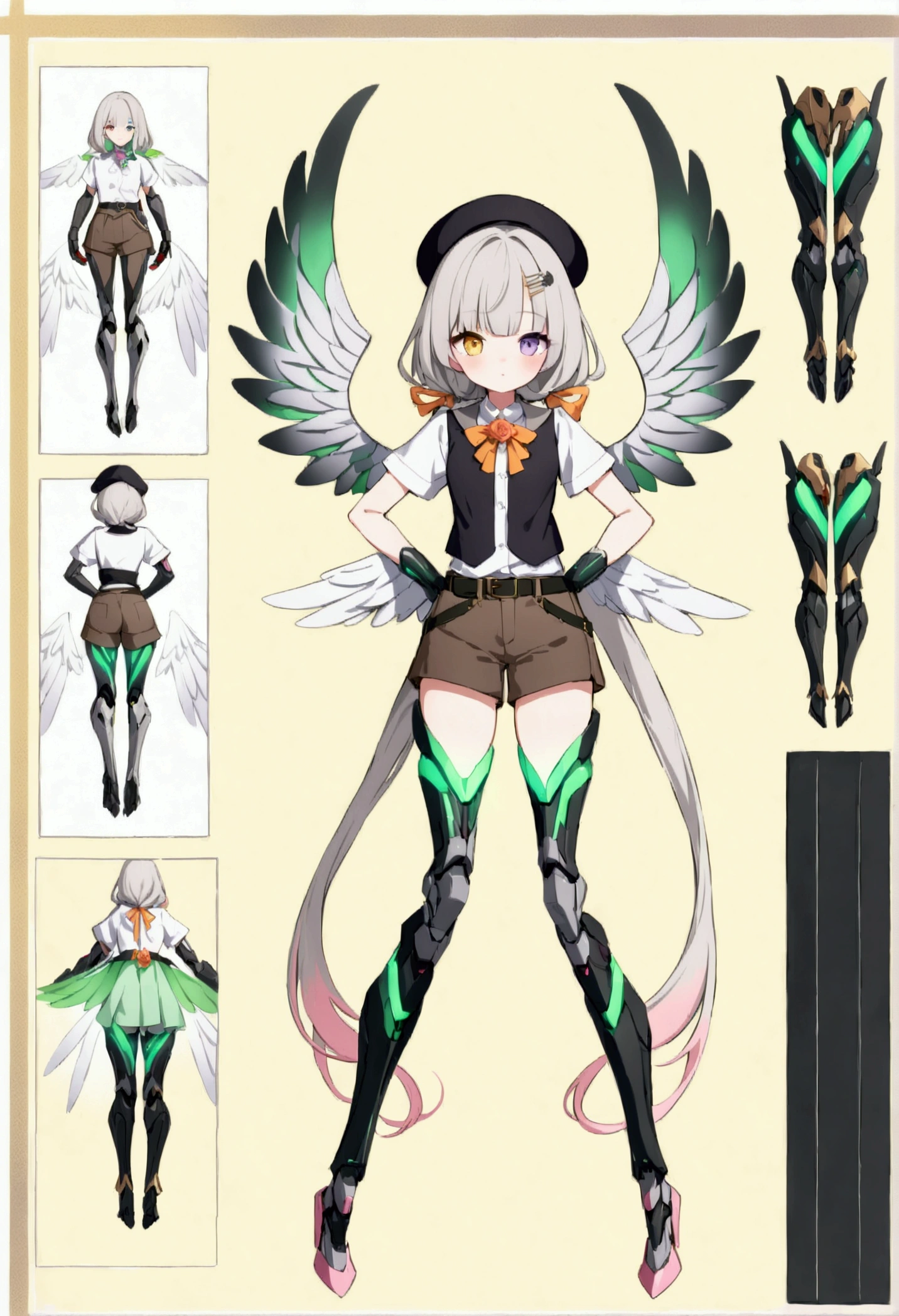 woman 165cm tall, (whole body: 1.5), slim build, , charming look, ((heterocromia: ojo right naranja y ojo izquierdo violeta)), (Shoulder Length Wavy Gray Hair, short braid on the left side of the hair: 1.2, big open bangs, largo flequillo en el lado izquierdo y right del cabello sobre las mejillas , golden gear hairpin on the left side of the hair: 1.1), (((complex mechanical legs up to the hip, The legs are black with gray parts and small pink details))), (((complex mechanical arms up to the elbows, The arms are black with gray parts and small pink details))), ((complex white mechanical angel wings with pastel green parts)), (elegant black French beret, orange rose ribbon on the beret: 1.2), (stylish white short sleeve button down shirt, dark brown shorts with straps from the waist, elegant black belt, small rose brooch on shirt collar, beautiful mechanical stilettos), (((full body character design sheet: vista 3/4))), ((Pastel yellow background)), extremely detailed hair, beautiful detailed clothing, extremely detailed arms, extremely detailed face, (Extremely detailed hands), perfect hands, beautiful detailed eyes, beautiful detailed lips, adorable, extremely detailed legs, (Best Quality, 8k, ultra resolution), ultra detailed, Exquisite and epic character art, (Focus on symmetry), (extremely detailed wings), (body position: standing, right, symmetrical), looking at the viewer, small face.