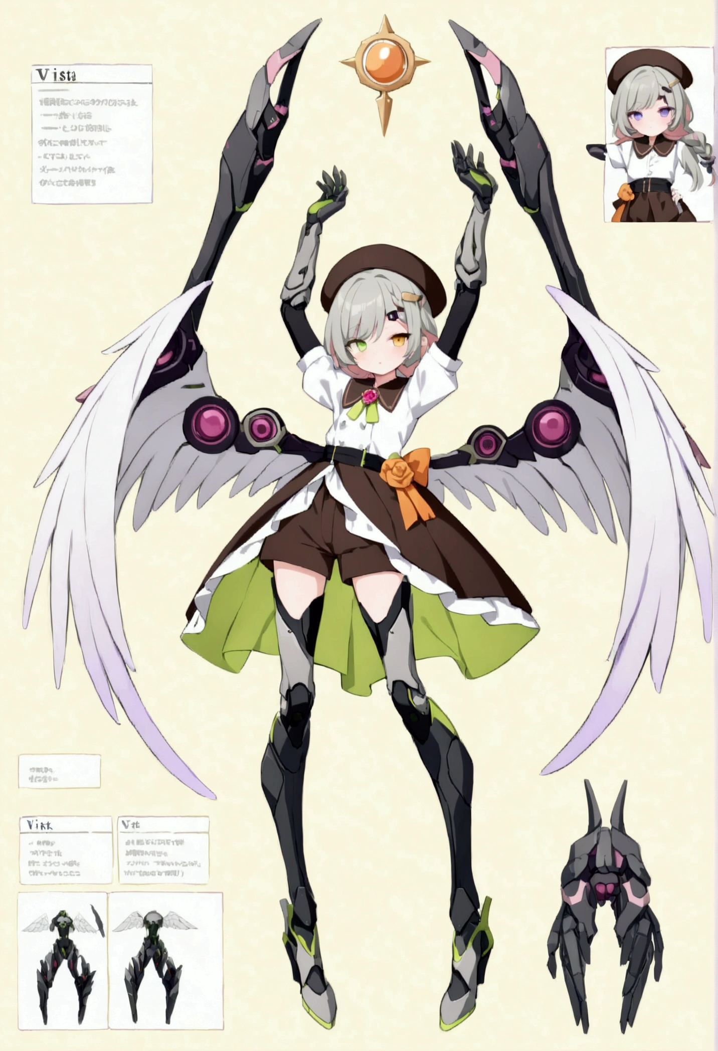 woman 165cm tall, (whole body: 1.5), slim build, , charming look, ((heterocromia: ojo right naranja y ojo izquierdo violeta)), (Shoulder Length Wavy Gray Hair, short braid on the left side of the hair: 1.2, big open bangs, largo flequillo en el lado izquierdo y right del cabello sobre las mejillas , golden gear hairpin on the left side of the hair: 1.1), (((complex mechanical legs up to the hip, The legs are black with gray parts and small pink details))), (((complex mechanical arms up to the elbows, The arms are black with gray parts and small pink details))), ((complex white mechanical angel wings with pastel green parts)), (elegant black French beret, orange rose ribbon on the beret: 1.2), (stylish white short sleeve button down shirt, dark brown shorts with straps from the waist, elegant black belt, small rose brooch on shirt collar, beautiful mechanical stilettos), (((full body character design sheet: vista 3/4))), ((Pastel yellow background)), extremely detailed hair, beautiful detailed clothing, extremely detailed arms, extremely detailed face, (Extremely detailed hands), perfect hands, beautiful detailed eyes, beautiful detailed lips, adorable, extremely detailed legs, (Best Quality, 8k, ultra resolution), ultra detailed, Exquisite and epic character art, (Focus on symmetry), (extremely detailed wings), (body position: standing, right, symmetrical), looking at the viewer, small face.