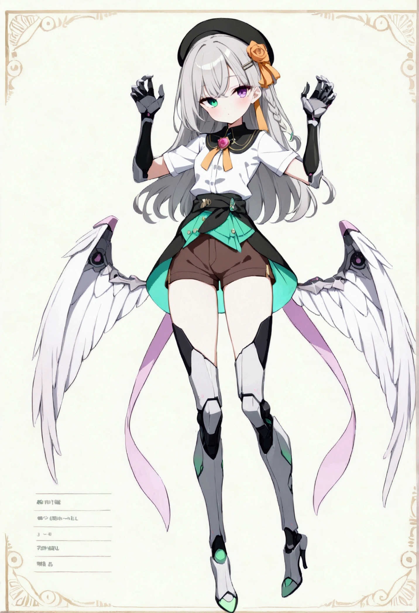 woman 165cm tall, (whole body: 1.5), slim build, , charming look, ((heterocromia: ojo right naranja y ojo izquierdo violeta)), (Shoulder Length Wavy Gray Hair, short braid on the left side of the hair: 1.2, big open bangs, largo flequillo en el lado izquierdo y right del cabello sobre las mejillas , golden gear hairpin on the left side of the hair: 1.1), (((complex mechanical legs up to the hip, The legs are black with gray parts and small pink details))), (((complex mechanical arms up to the elbows, The arms are black with gray parts and small pink details))), ((complex white mechanical angel wings with pastel green parts)), (elegant black French beret, orange rose ribbon on the beret: 1.2), (stylish white short sleeve button down shirt, dark brown shorts with straps from the waist, elegant black belt, small rose brooch on shirt collar, beautiful mechanical stilettos), (((full body character design sheet: vista 3/4))), ((Pastel yellow background)), extremely detailed hair, beautiful detailed clothing, extremely detailed arms, extremely detailed face, (Extremely detailed hands), perfect hands, beautiful detailed eyes, beautiful detailed lips, adorable, extremely detailed legs, (Best Quality, 8k, ultra resolution), ultra detailed, Exquisite and epic character art, (Focus on symmetry), (extremely detailed wings), (body position: standing, right, symmetrical), looking at the viewer, small face.