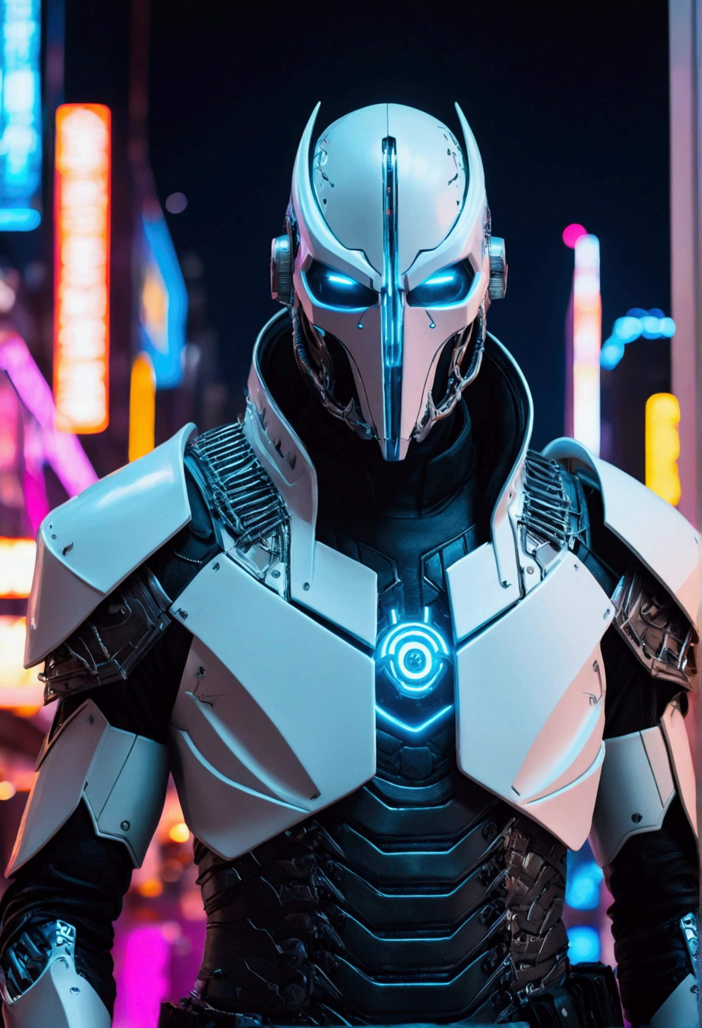 (extremely detailed 8k wallpaper), a medium shot photo of cyberpunk scary Grim dressed as a cybernetic Grim-supervillain in an armour made of white leather from marvel, cyberpunk theme, intricate, high detail, dramatic, neon city lights in the background