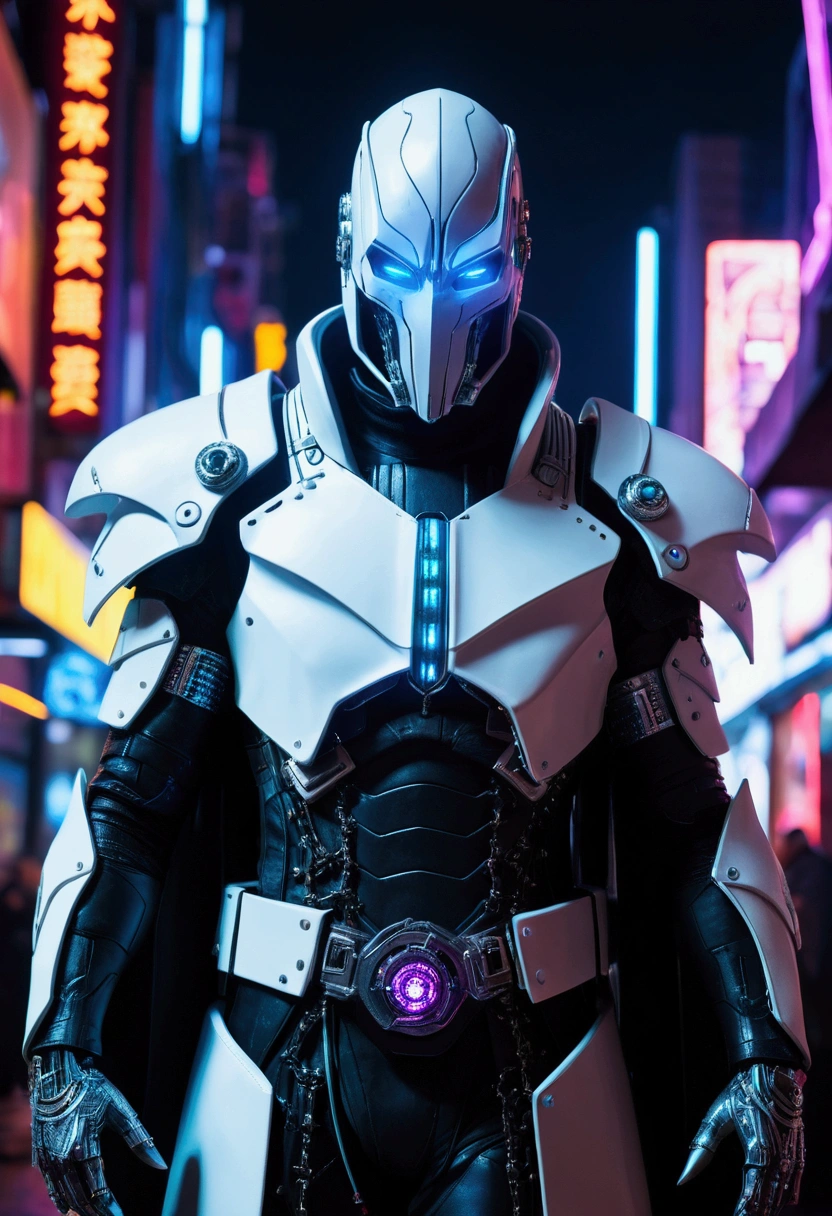 (extremely detailed 8k wallpaper), a medium shot photo of cyberpunk scary Grim dressed as a cybernetic Grim-supervillain in an armour made of white leather from marvel, cyberpunk theme, intricate, high detail, dramatic, neon city lights in the background
