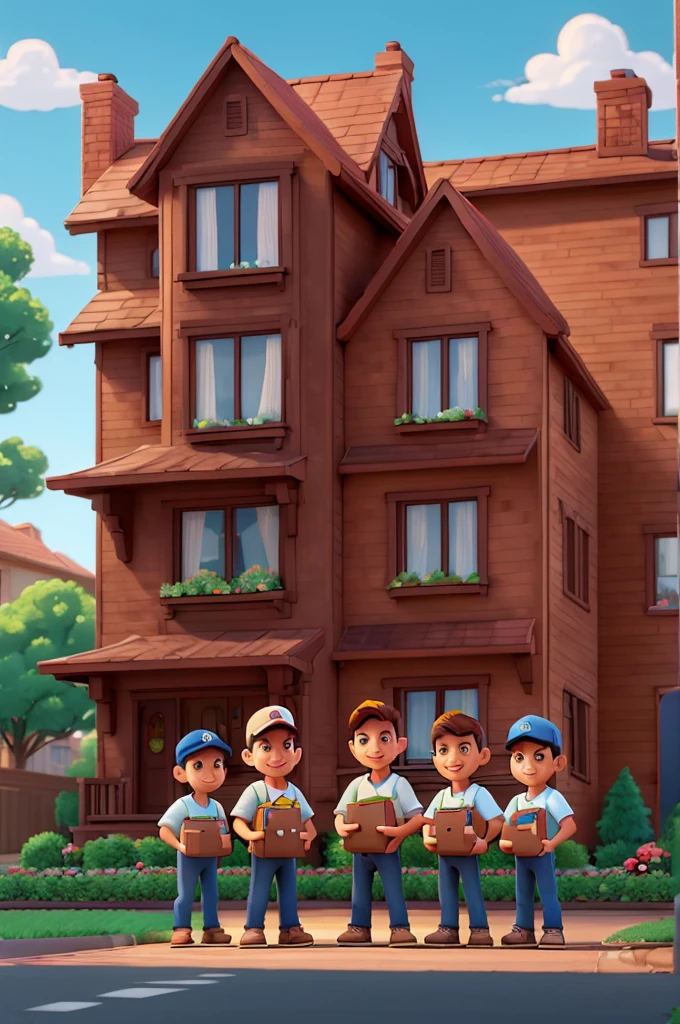 three delivery men standing in front of a house with boxes, delivering parsel box, delivering mail, delivering packages for amazon, commercial illustration, cartoon style illustration, cg art, high quality illustration, stylized digital illustration, avatar image, detailed 2d illustration, cartoon illustration, promotional render, photo render, cute boys, high detailed cartoon, advertising photo, b, rendered art