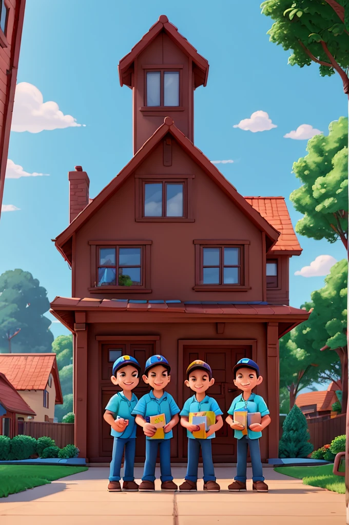 three delivery men standing in front of a house with boxes, delivering parsel box, delivering mail, delivering packages for amazon, commercial illustration, cartoon style illustration, cg art, high quality illustration, stylized digital illustration, avatar image, detailed 2d illustration, cartoon illustration, promotional render, photo render, cute boys, high detailed cartoon, advertising photo, b, rendered art