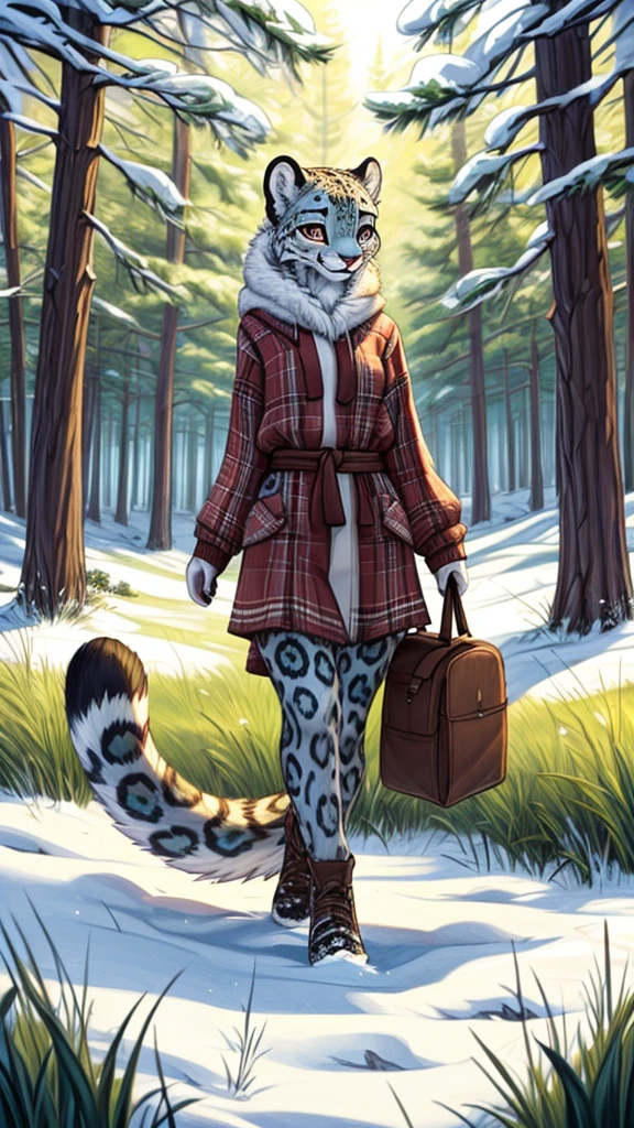 (very detailed illustration: 1.2), best quality, masterpiece, solo, natural lighting, An young anthro female snow leopard with brown eyes, she has snow leopard fur un all her body, she is dressed in casual clothes, she is in an open field, there is green grass everywhere, she is in a forest, there are trees behind her and everywhere.
