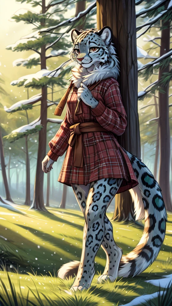 (very detailed illustration: 1.2), best quality, masterpiece, solo, natural lighting, An young anthro female snow leopard with brown eyes, she has snow leopard fur un all her body, she is dressed in casual clothes, she is in an open field, there is green grass everywhere, she is in a forest, there are trees behind her and everywhere.