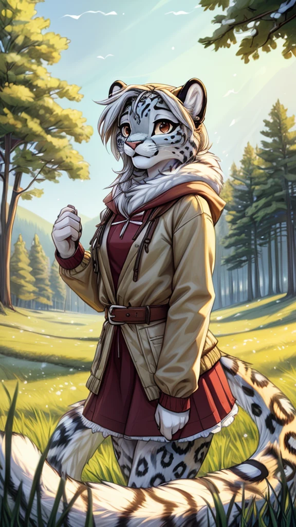 (very detailed illustration: 1.2), best quality, masterpiece, solo, natural lighting, An young anthro female snow leopard with brown eyes, she has snow leopard fur un all her body, she is dressed in casual clothes, she is in an open field, there is green grass everywhere, she is in a forest, there are trees behind her and everywhere.