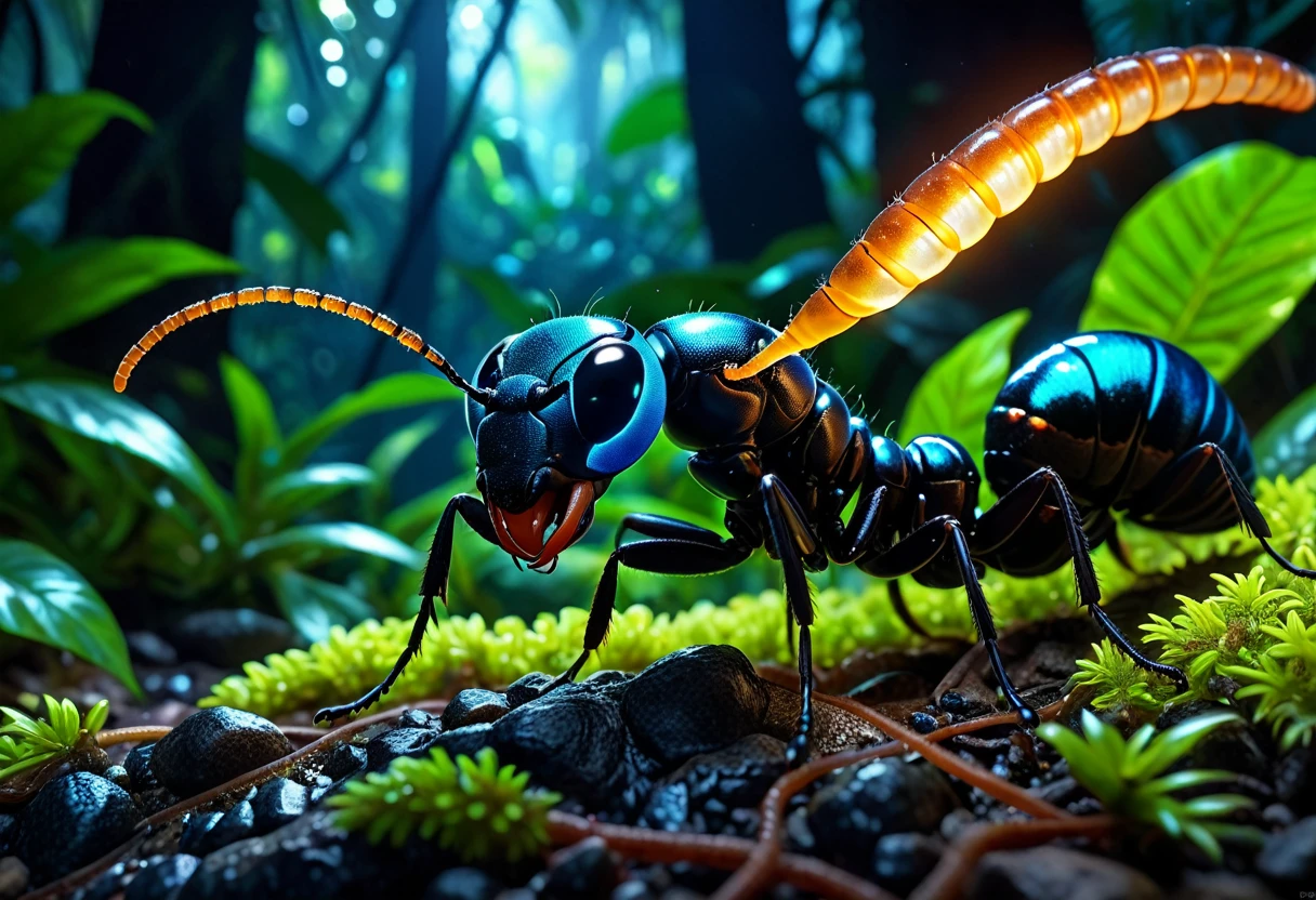 Giant ant with obsidian mandibles devours glowing bioluminescent worm in tropical jungle, hyperrealism, 8k, cinematic lighting, National Geographic