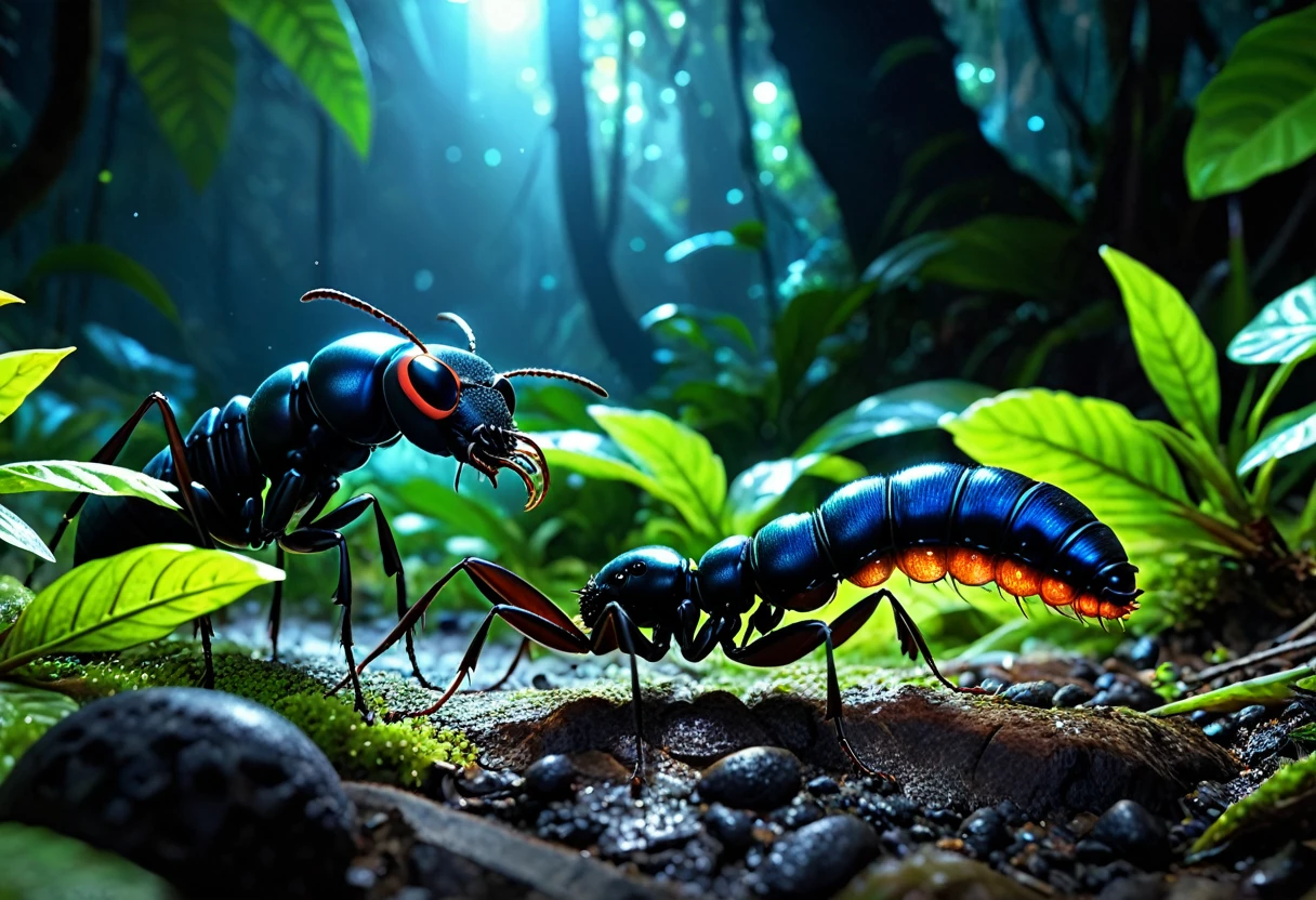 Giant ant with obsidian mandibles devours glowing bioluminescent worm in tropical jungle, hyperrealism, 8k, cinematic lighting, National Geographic