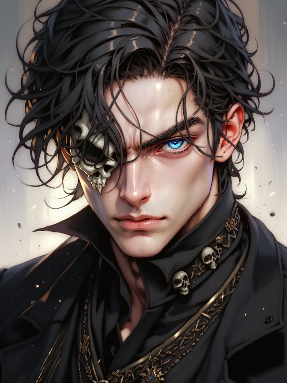 absurdities, High resolution, ultra detailed, HdR, masterpiece, Extremely detailed face and eyes, long black hair, disheveled, bushy eyebrows, White skin, serious, expressive blue eyes, detailed eyes, LOOKING AT THE SPECTATOR, 1 man, Long hair, black patch, elegant, black magic shit, masculine, sorcery clothing, dark aura background, background skulls, Complete plan