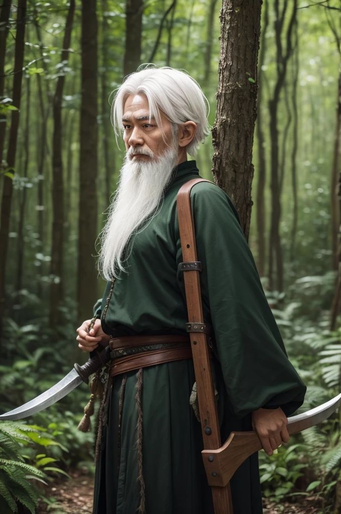 Forest gnome, greenish skin, black clothes, war ax on the back, white hair, young