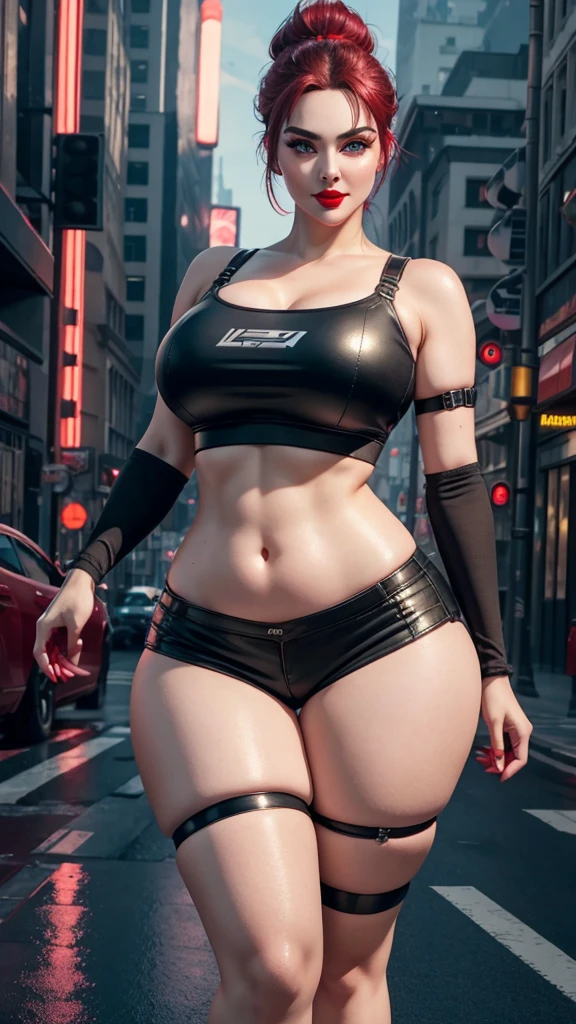 (masterpiece, best quality, expressive eyes, perfect face, hyperrealistic detailed face), Ultra HD, 4K, HDR, (8K), 3D cyberpunk street, night, futuristic, (1024K), reflections, glass, mirrors, RTX 4090 ti, ray tracing, high octane render, (Doll in cyberpunk streets, gorgeous), (curvy), age 20, confident smirk, wearing shorts, ((high ponytail)), (((red lips))), ((anime like eyes)), ((thick eyelashes)), ((raised arrogant eyebrows)), ((heavy makeup)), pink cheeks, long red nails, perfect body, (wide hips, wide waist), (curvaceous figure), sweaty skin, (youthful skin), pale white skin