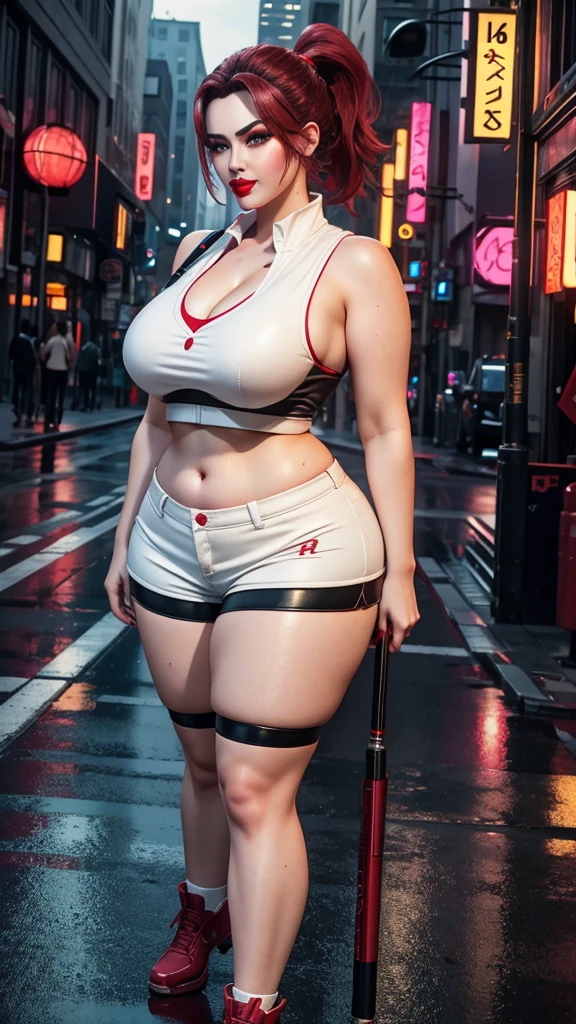 (masterpiece, best quality, expressive eyes, perfect face, hyperrealistic detailed face), Ultra HD, 4K, HDR, (8K), 3D cyberpunk street, night, futuristic, (1024K), reflections, glass, mirrors, RTX 4090 ti, ray tracing, high octane render, (Doll in cyberpunk streets, gorgeous), (curvy), age 20, confident smirk, wearing shorts, ((high ponytail)), (((red lips))), ((anime like eyes)), ((thick eyelashes)), ((raised arrogant eyebrows)), ((heavy makeup)), pink cheeks, long red nails, perfect body, (wide hips, wide waist), (curvaceous figure), sweaty skin, (youthful skin), pale white skin