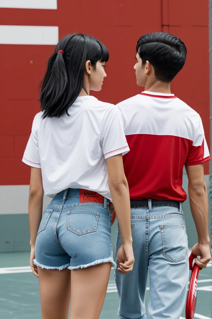 Girl with black hair red shirt and white shorts on the back with a boy with black hair red shirt on white the number 19 on the back denim pants tennis in lego