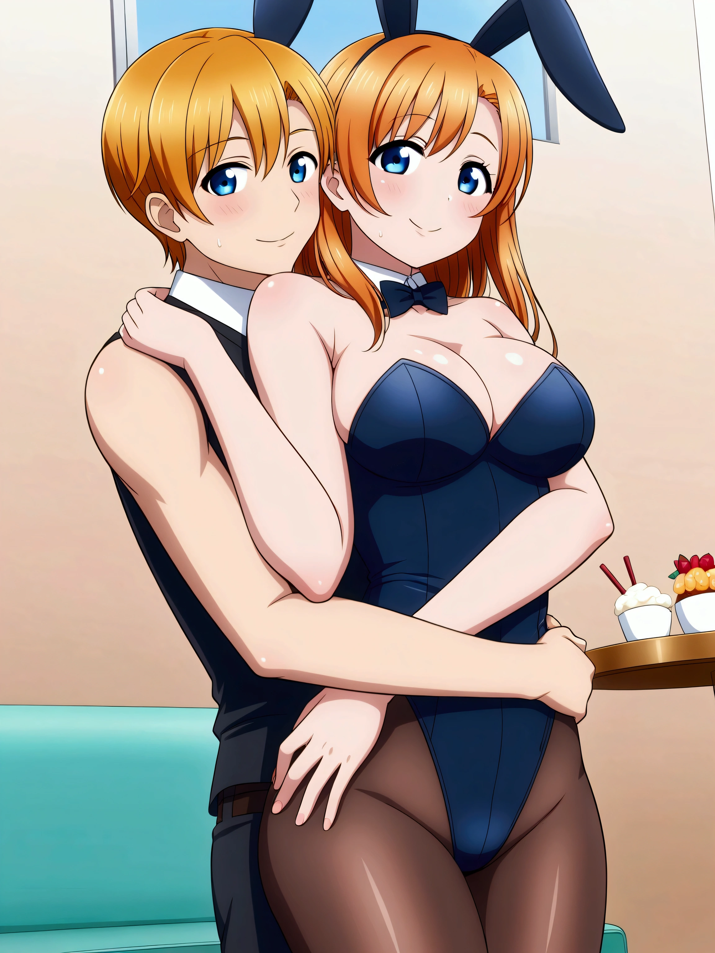 Masterpiece,best quality,Kousaka honoka, blue eyes, orange hair, looking_at_viewer, cowboy shot, black bunny leotard, pantyhose,in restaurant, cleavage , perfect shadow, beautiful,cozy , 1boy, hip hug from behind